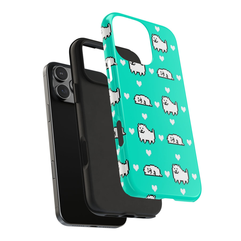 Undertale Cute Teal Kawaii Pixel Dog Pattern Phone Case | Cute Hearts Tough Phone Cases