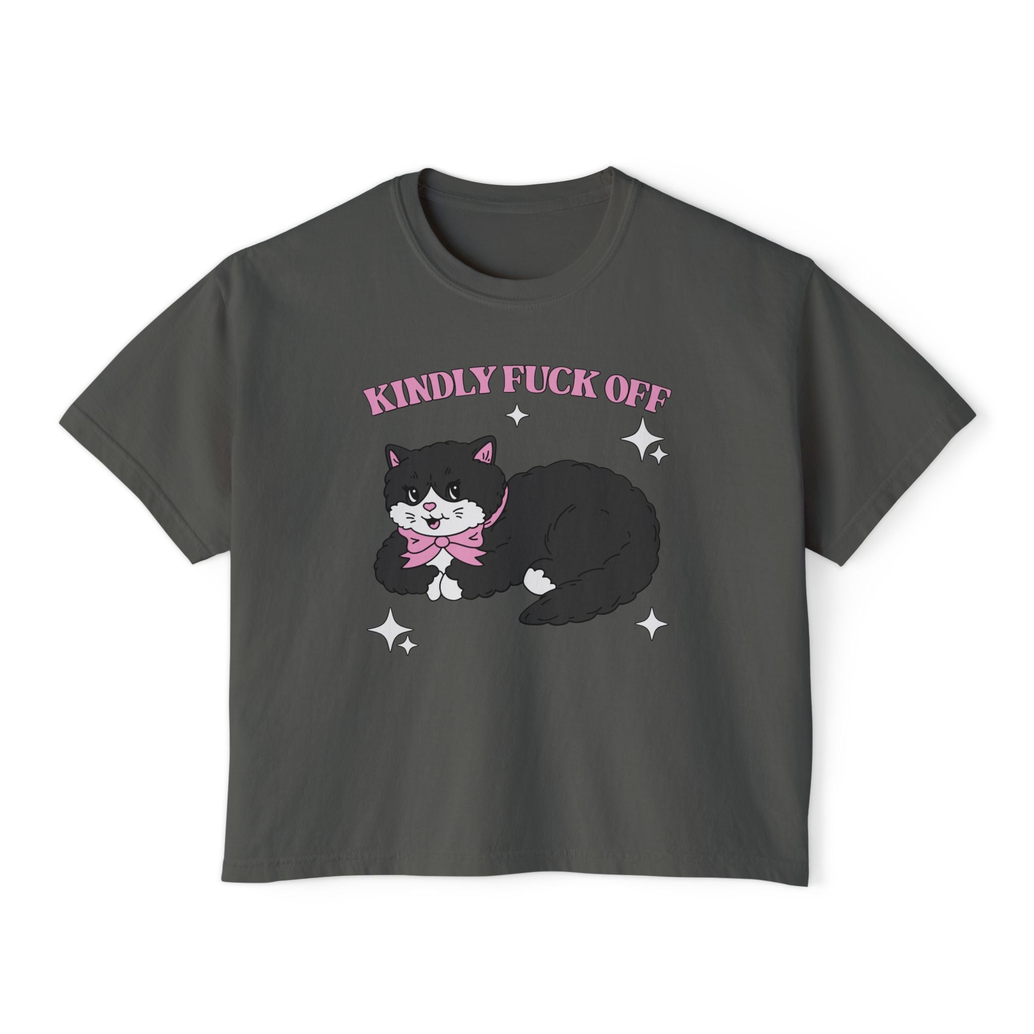 Kindly F*** Off Funny Swear word Cat Tee | Black Cat Illustration, Pink Bow, Sarcastic Slogan
