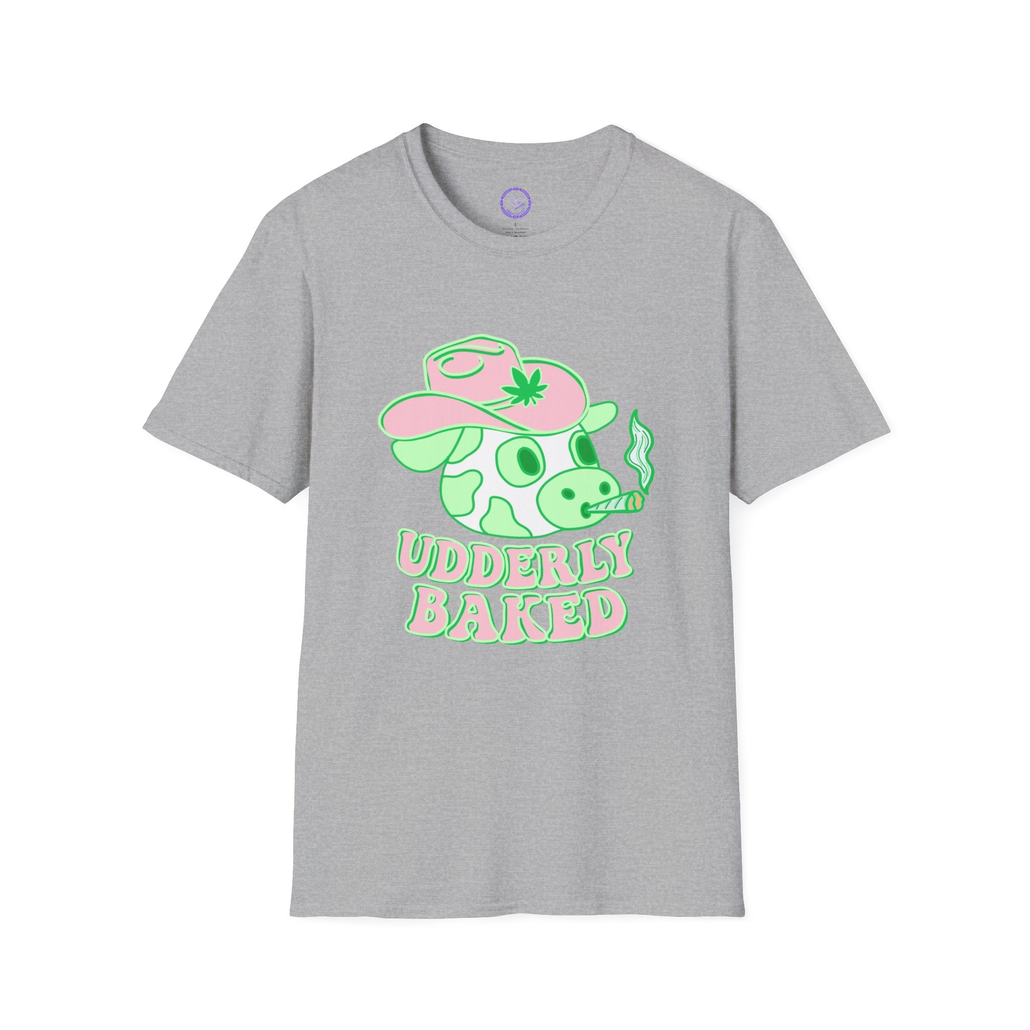 Udderly Baked Cow T-Shirt | Cow Smoking Graphic, Pastel Green Pink