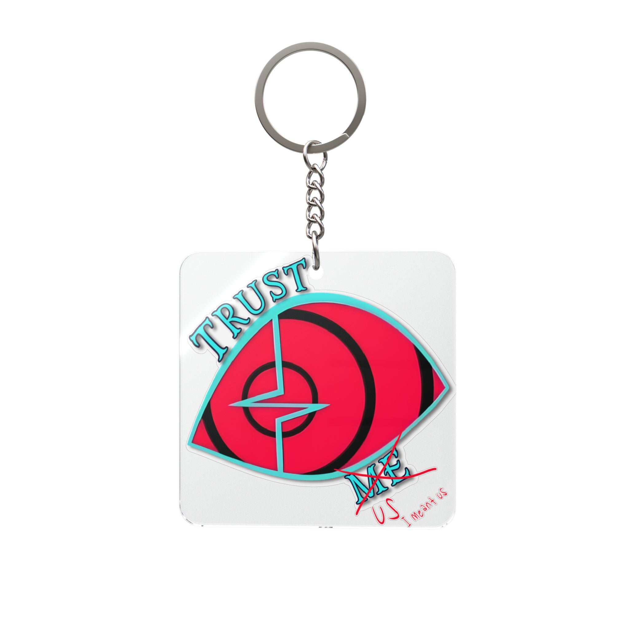 Hazbin Hotel VoxTek The Vees Hellaverse Trust Eye graphic Square Keychain | red teal eye design, retro vaporwave style