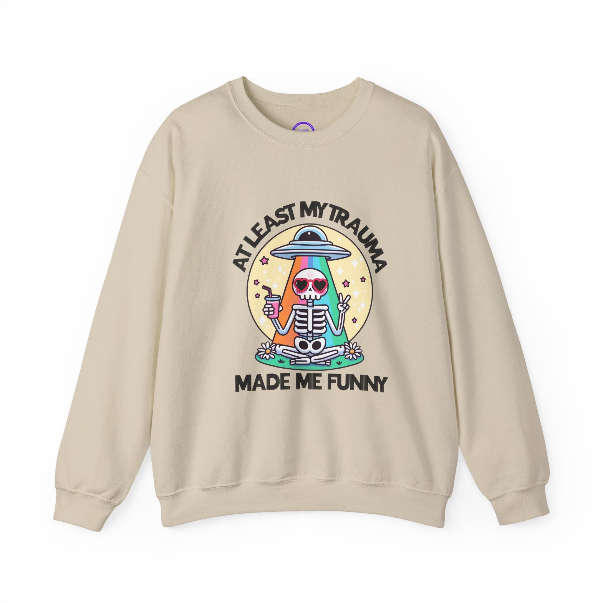 At Least My Trauma Made Me Funny Crewneck Sweatshirt | Skeleton Meditation Design