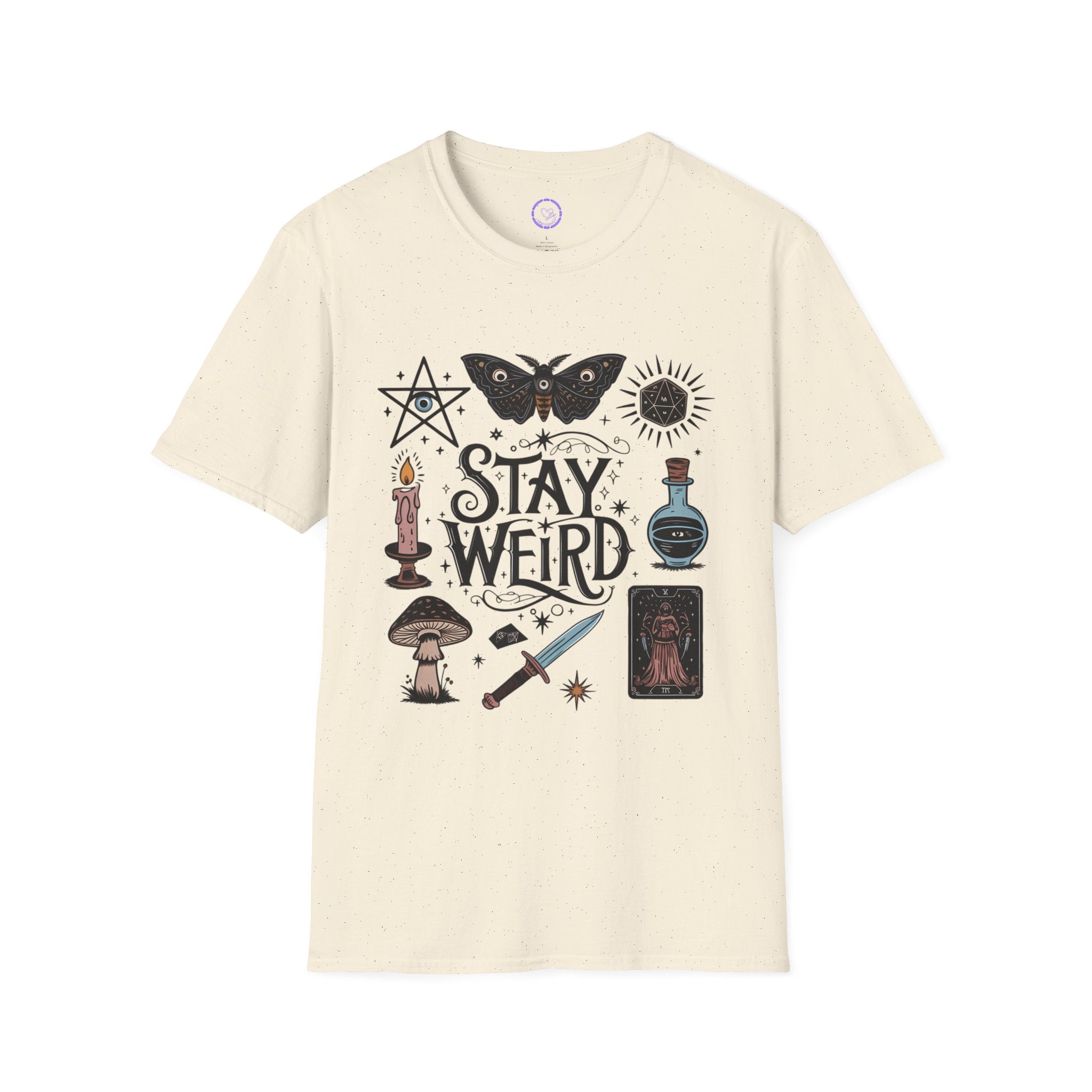 Stay Weird witchy symbols T-Shirt | moth, candle, potion, tarot art