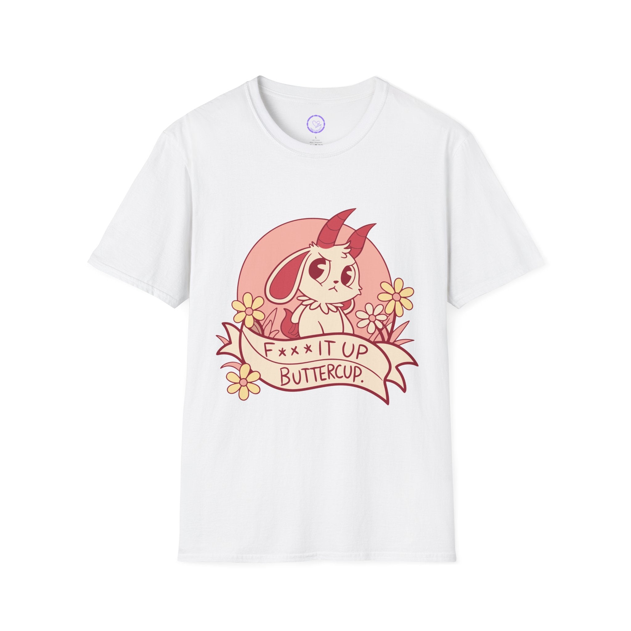 Sassy Horned Bunny Illustration T-Shirt | "F*** It Up Buttercup" Floral Banner