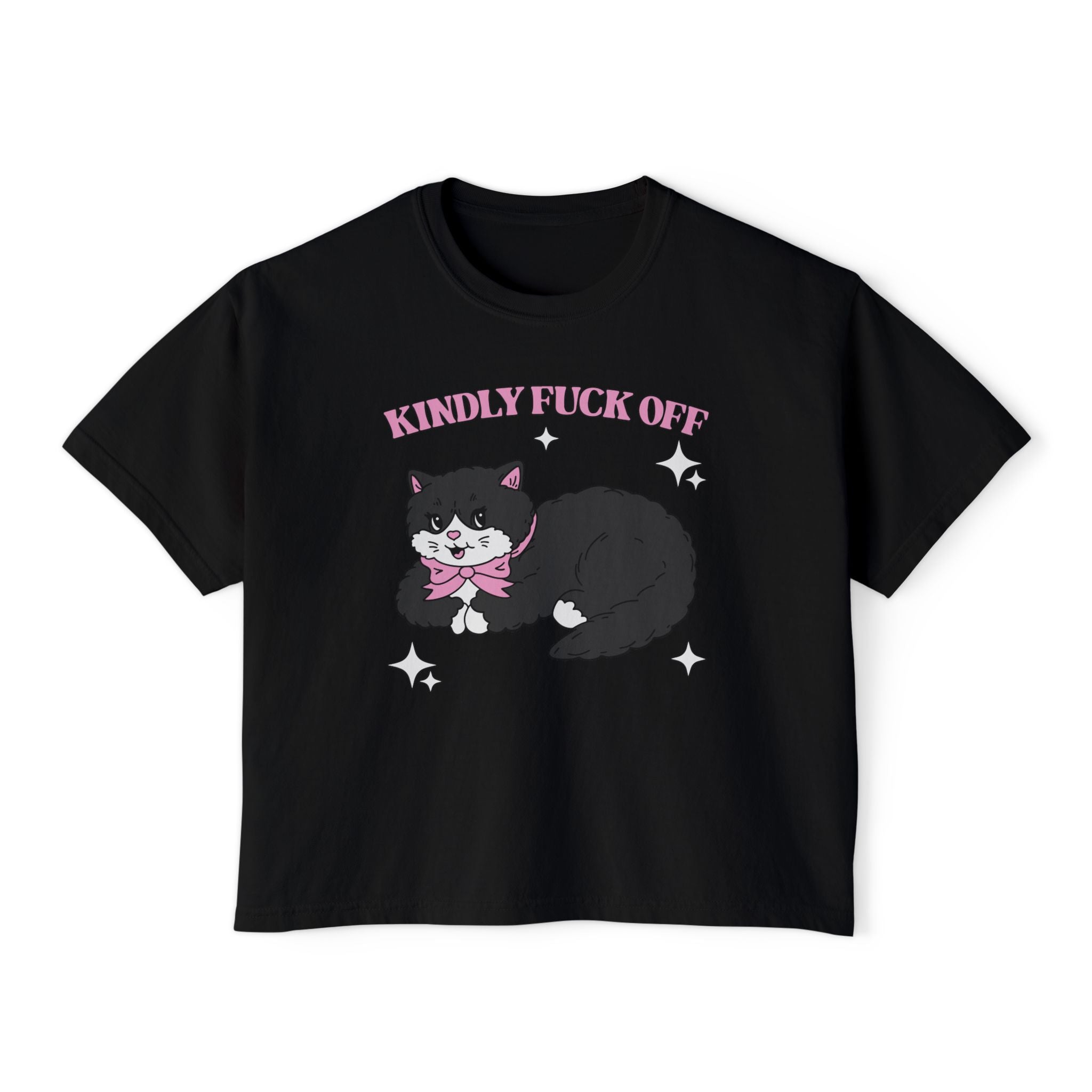Kindly F*** Off Funny Swear word Cat Tee | Black Cat Illustration, Pink Bow, Sarcastic Slogan