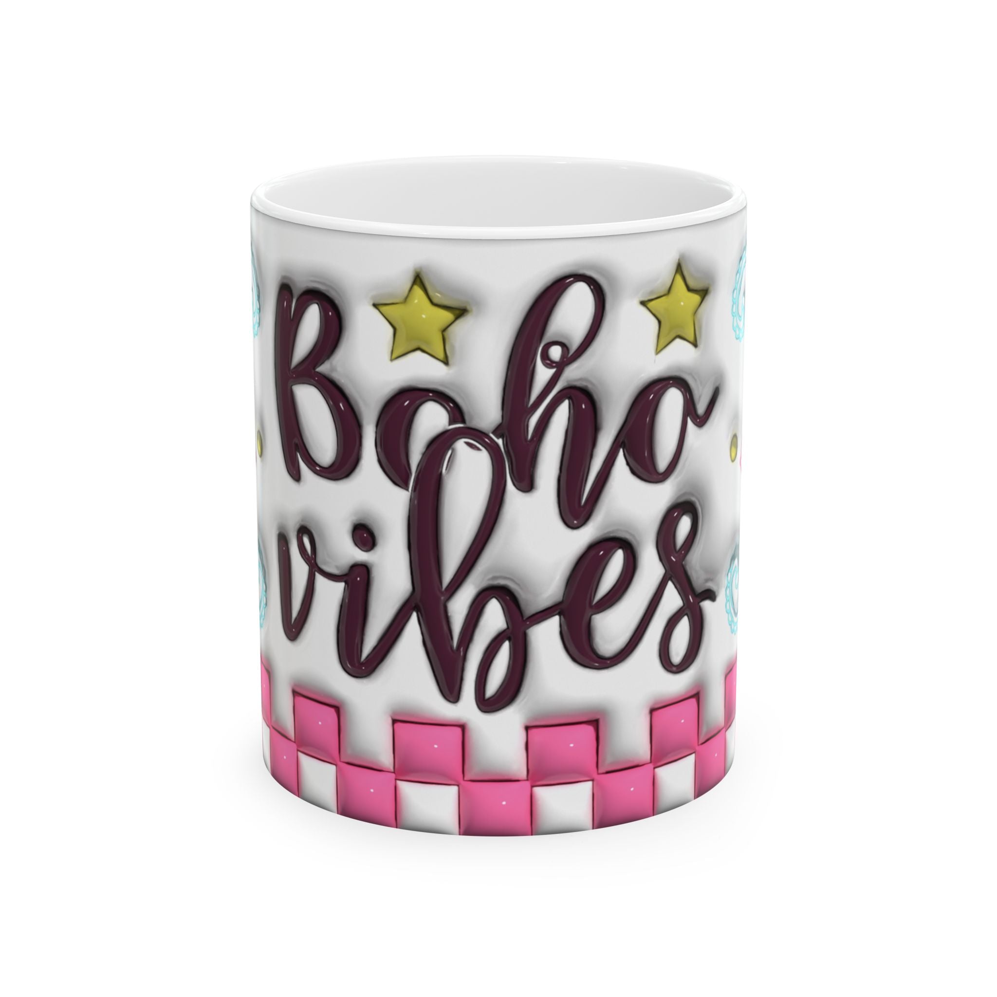 Boho Vibes Pink Blue 3D Inflated Ceramic Mug, (11oz, 15oz)