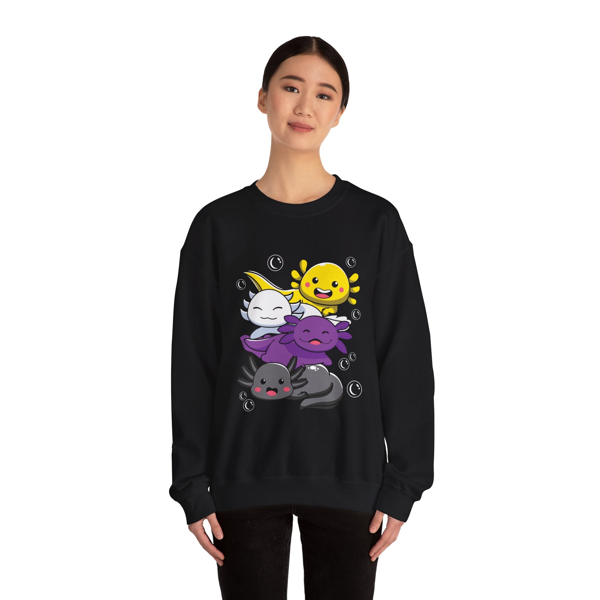 Discreet Non Binary Kawaii Axolotl Stack Crewneck Sweatshirt | Cute Amphibian Bubble Design