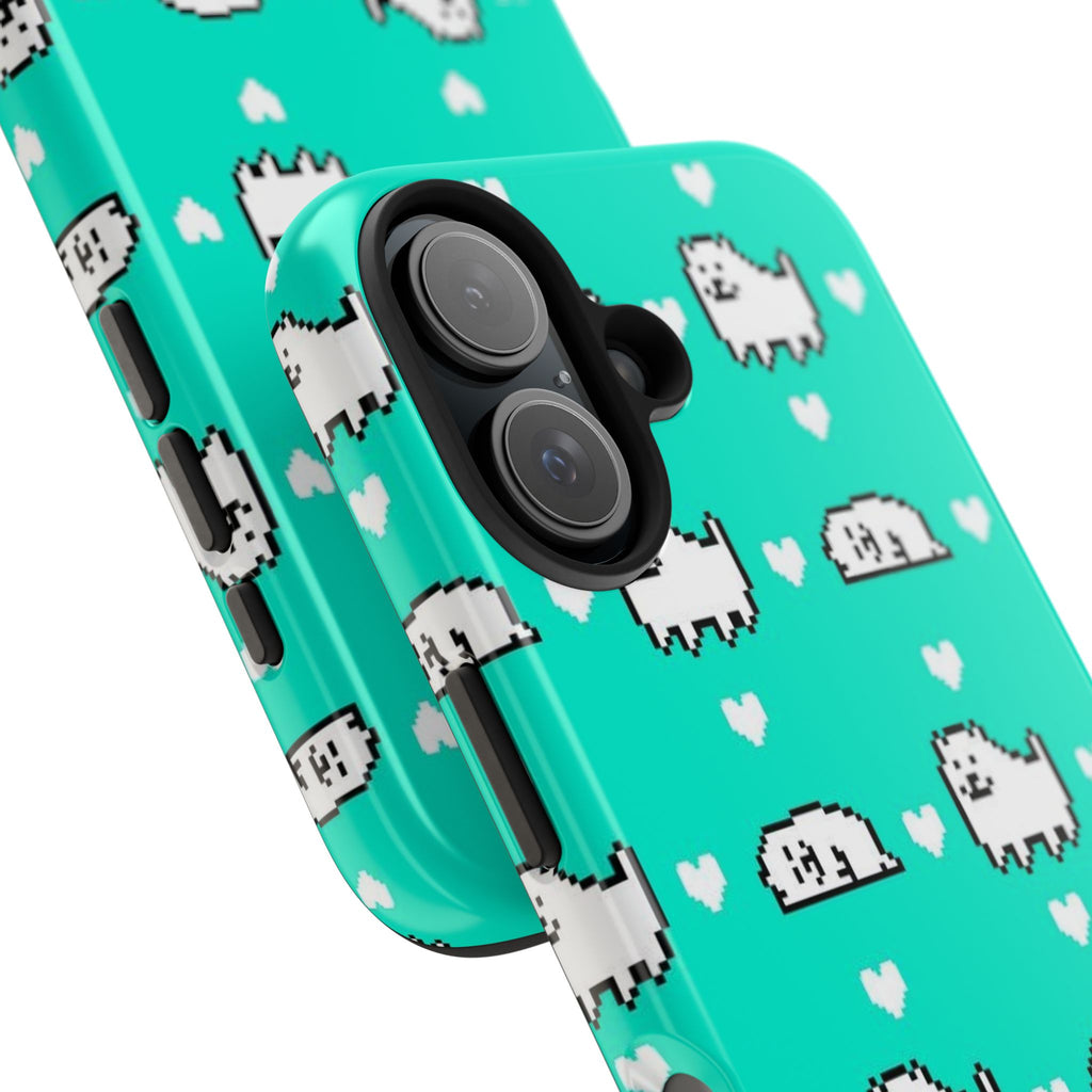 Undertale Cute Teal Kawaii Pixel Dog Pattern Phone Case | Cute Hearts Tough Phone Cases