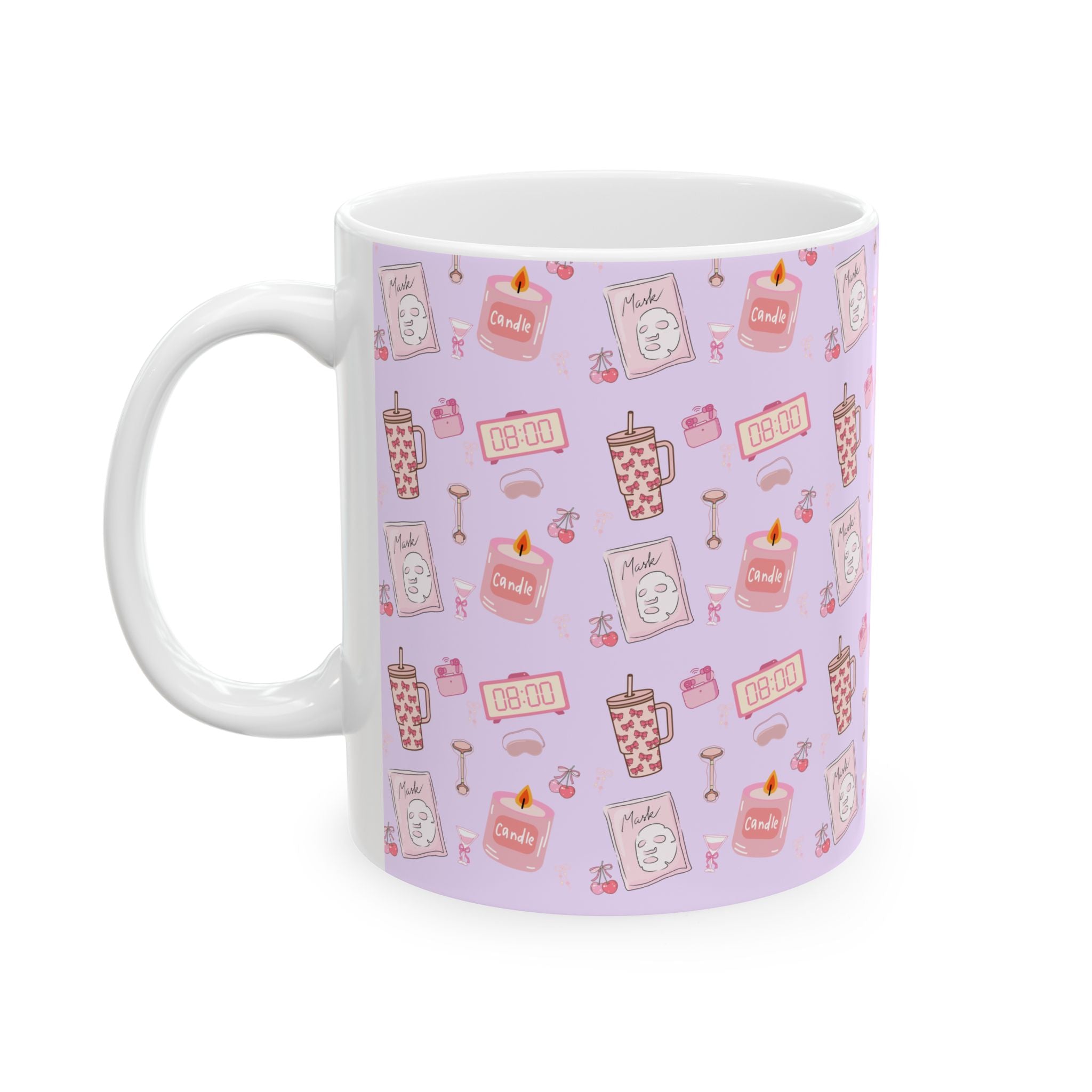Kawaii Pink Self Care Bubble Tea Pattern Mug | Preppy Girly Cute Boba & Sweets Ceramic Mug