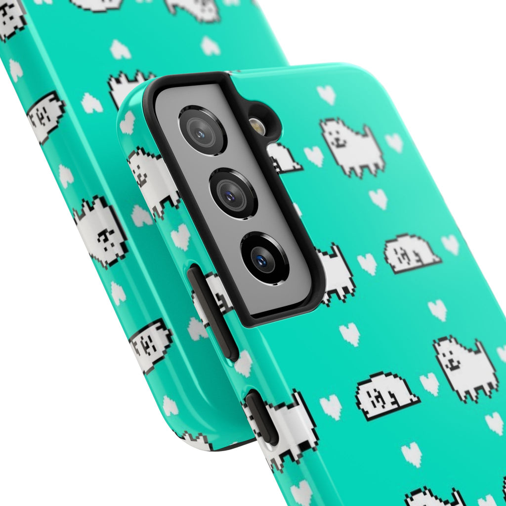 Undertale Cute Teal Kawaii Pixel Dog Pattern Phone Case | Cute Hearts Tough Phone Cases