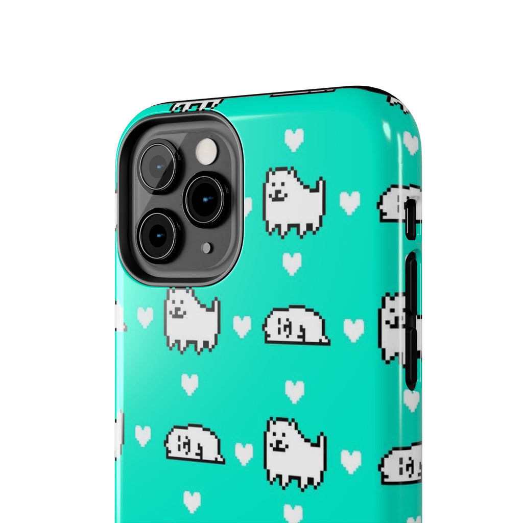 Undertale Cute Teal Kawaii Pixel Dog Pattern Phone Case | Cute Hearts Tough Phone Cases