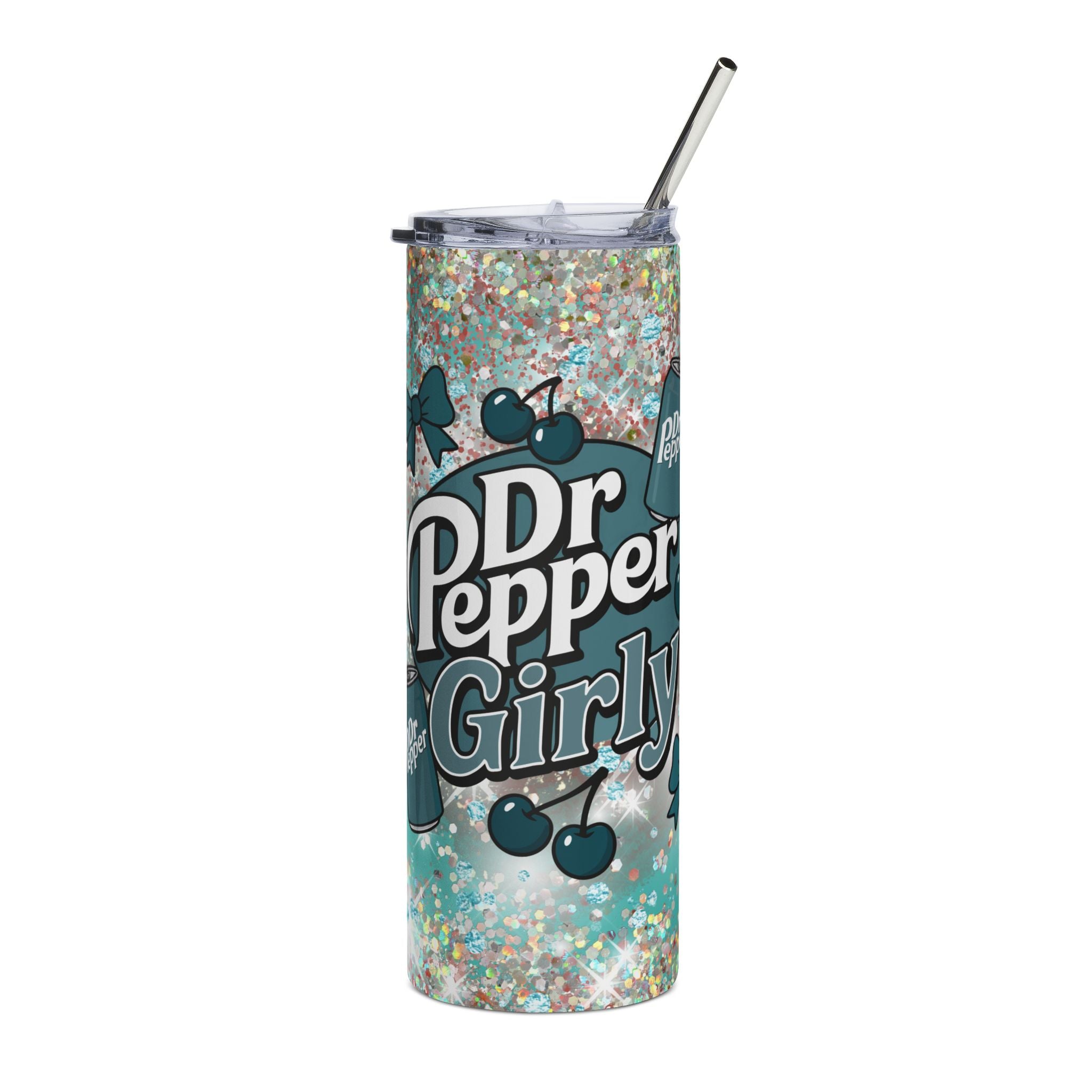 Teal Dr Pepper Girly Tumbler | 20oz Stainless Steel Glitter Cherry Design