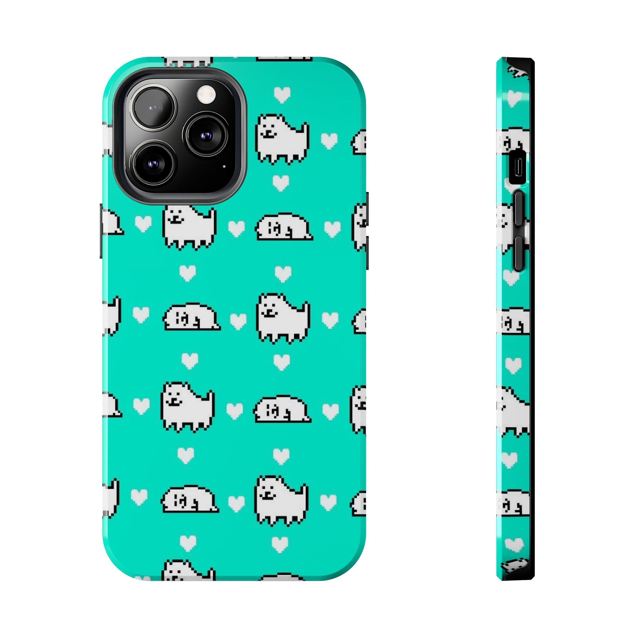 Undertale Cute Teal Kawaii Pixel Dog Pattern Phone Case | Cute Hearts Tough Phone Cases