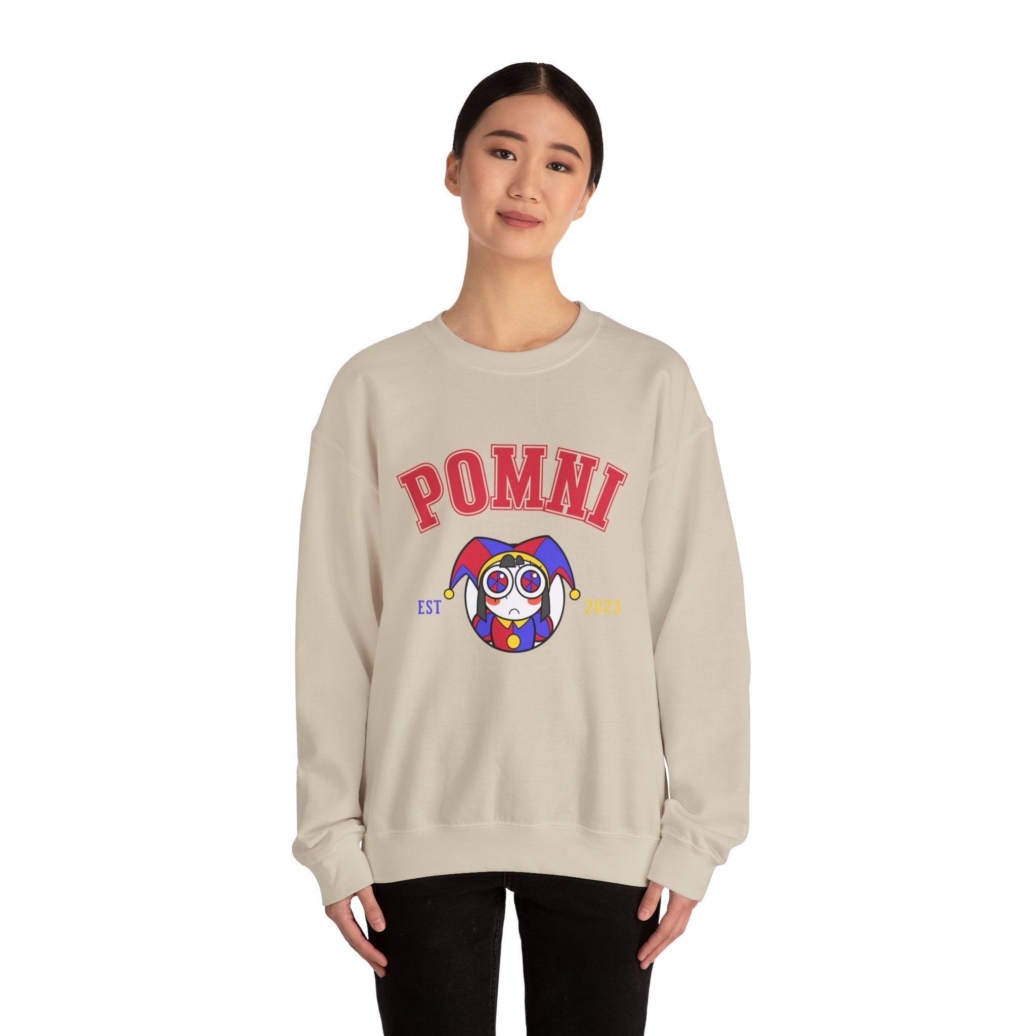 Pomni The Amazing Digital Circus Varsity Jester Character Crewneck Sweatshirt | Cartoon Clown Logo