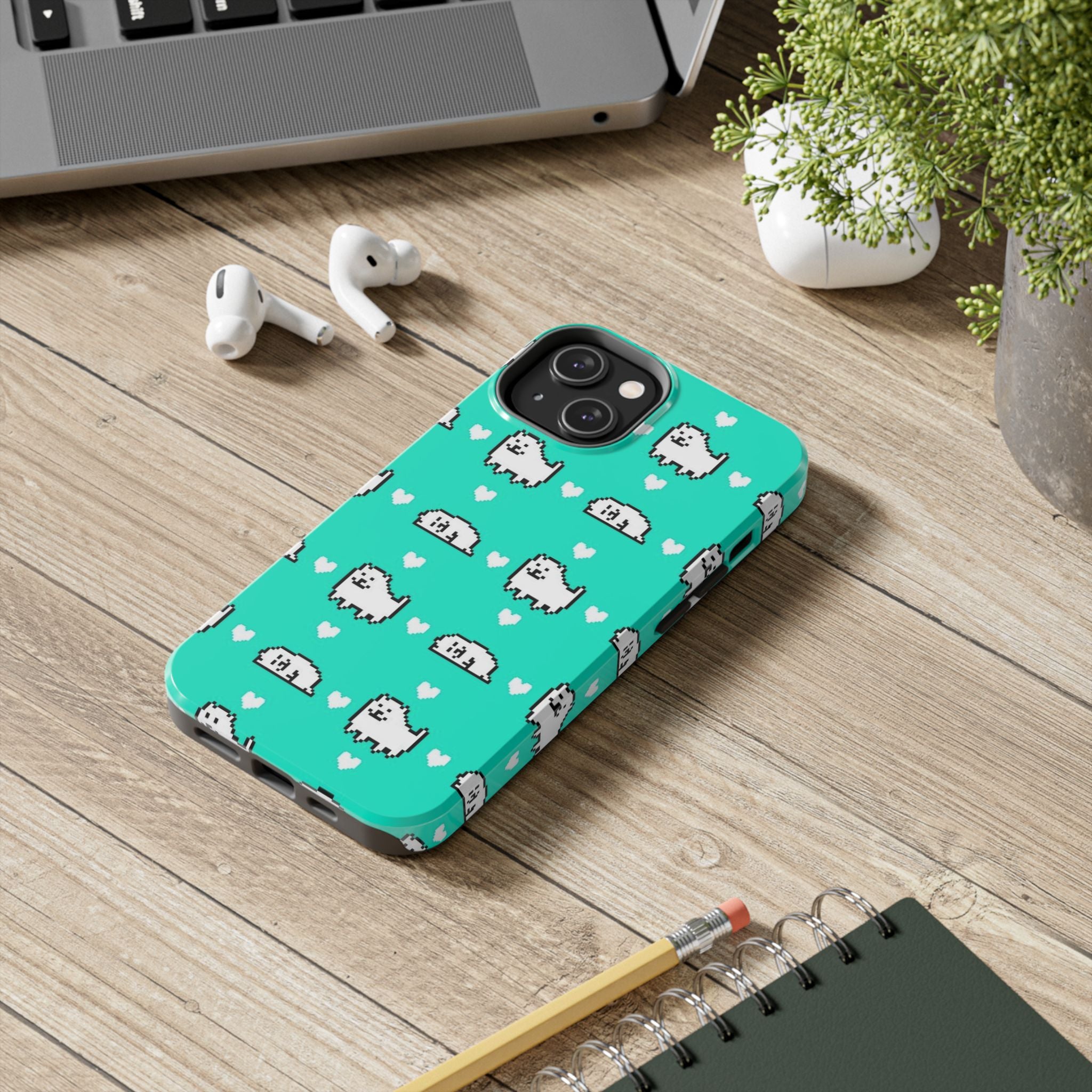 Undertale Cute Teal Kawaii Pixel Dog Pattern Phone Case | Cute Hearts Tough Phone Cases