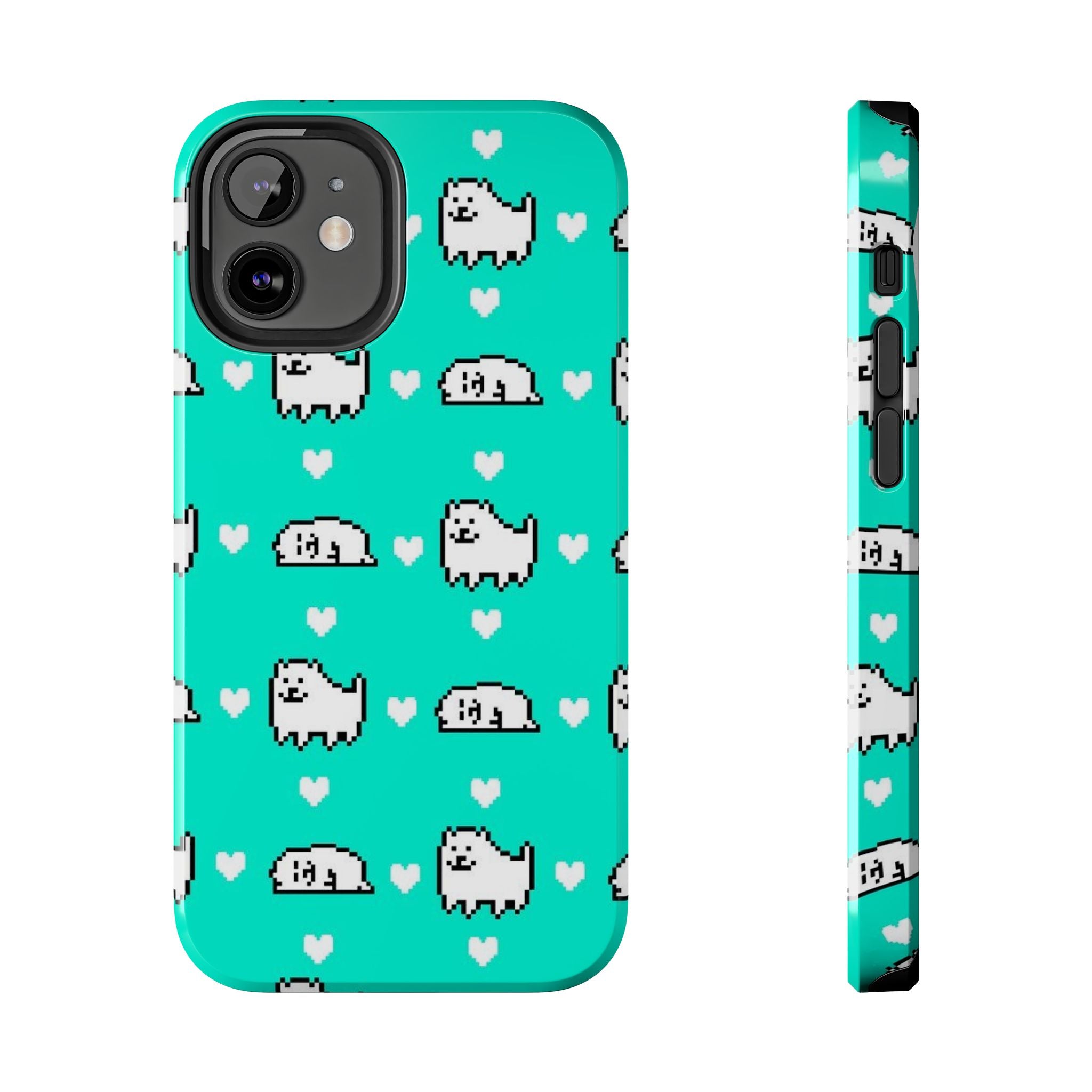 Undertale Cute Teal Kawaii Pixel Dog Pattern Phone Case | Cute Hearts Tough Phone Cases