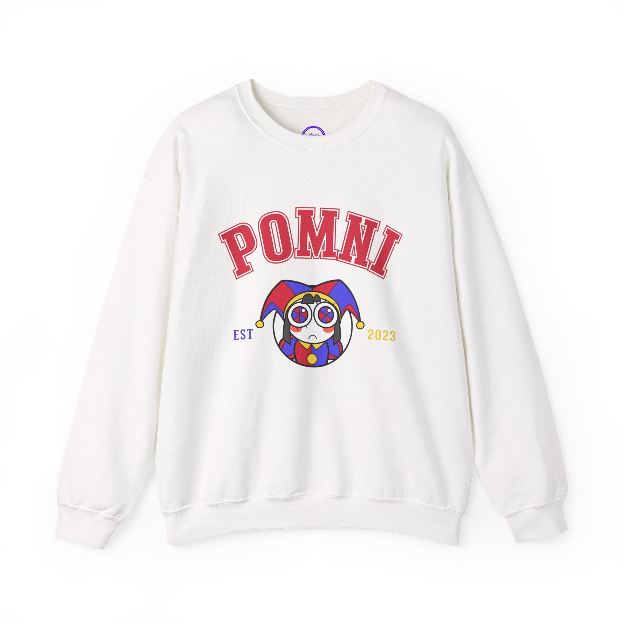 Pomni The Amazing Digital Circus Varsity Jester Character Crewneck Sweatshirt | Cartoon Clown Logo