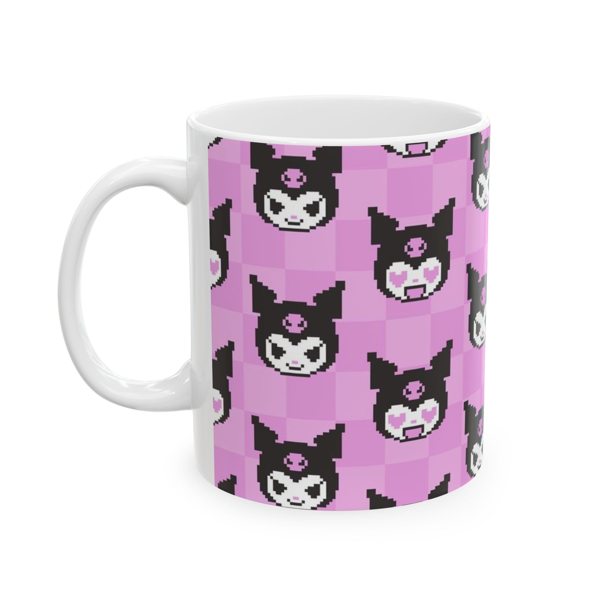 Kuromi Sanrio Pixel Kawaii Bat Pattern Mug | Pink Checker Ceramic Mug