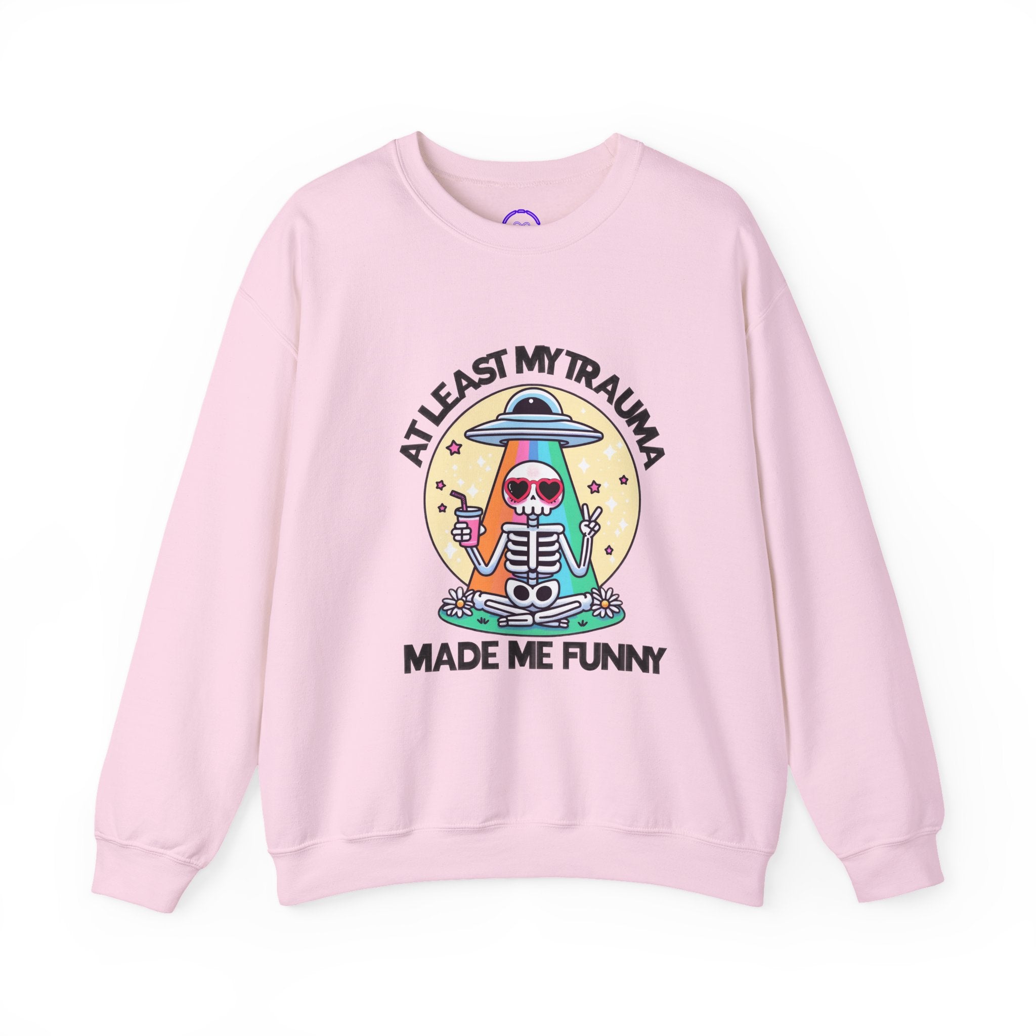 At Least My Trauma Made Me Funny Crewneck Sweatshirt | Skeleton Meditation Design