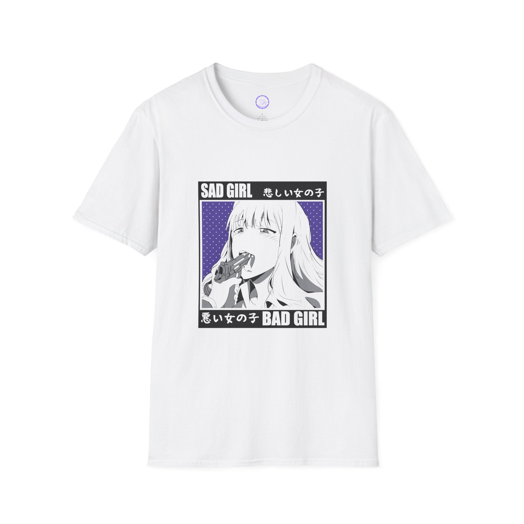 Sad Girl Bad Girl Anime Portrait T-Shirt | Japanese Text, Retro Manga Panel
