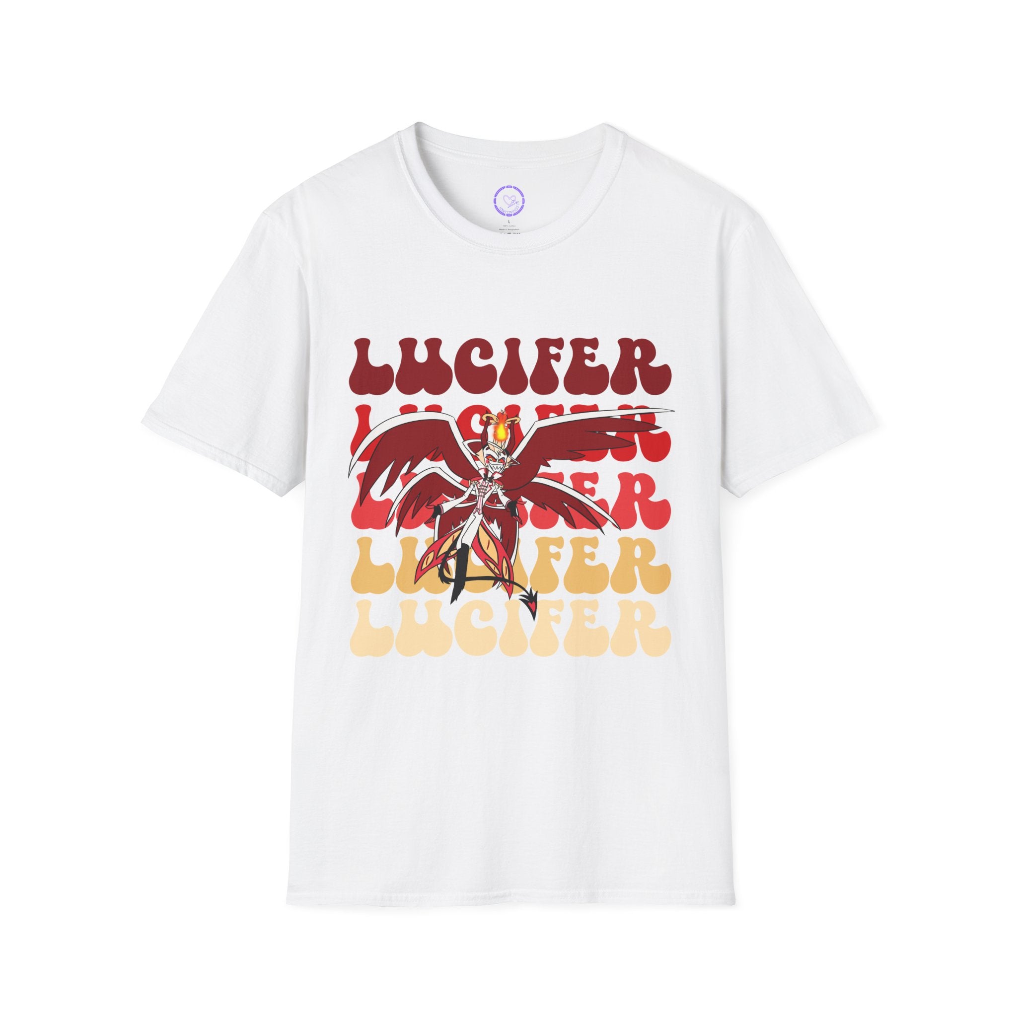 Lucifer Hazbin Hotel Demon Graphic T-Shirt | Retro Stacked Text, Red Yellow Illustration