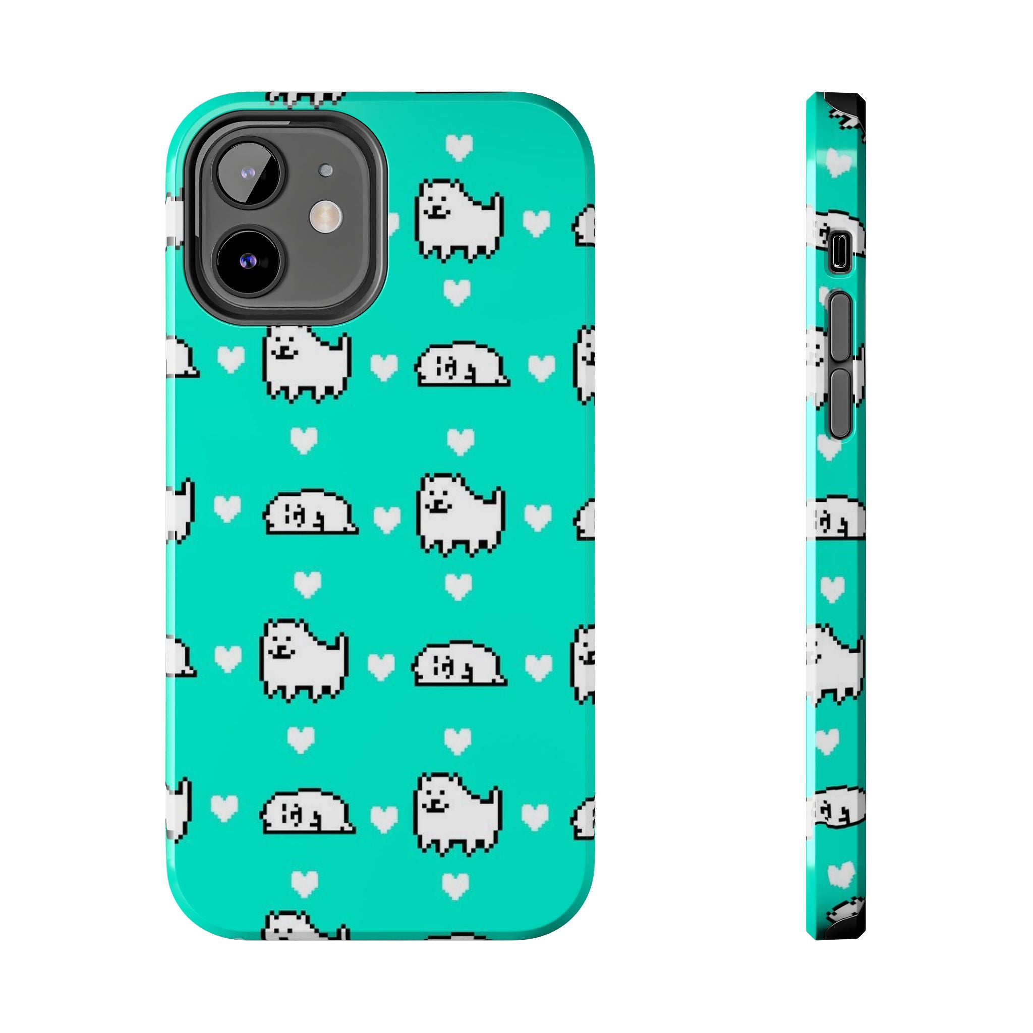 Undertale Cute Teal Kawaii Pixel Dog Pattern Phone Case | Cute Hearts Tough Phone Cases