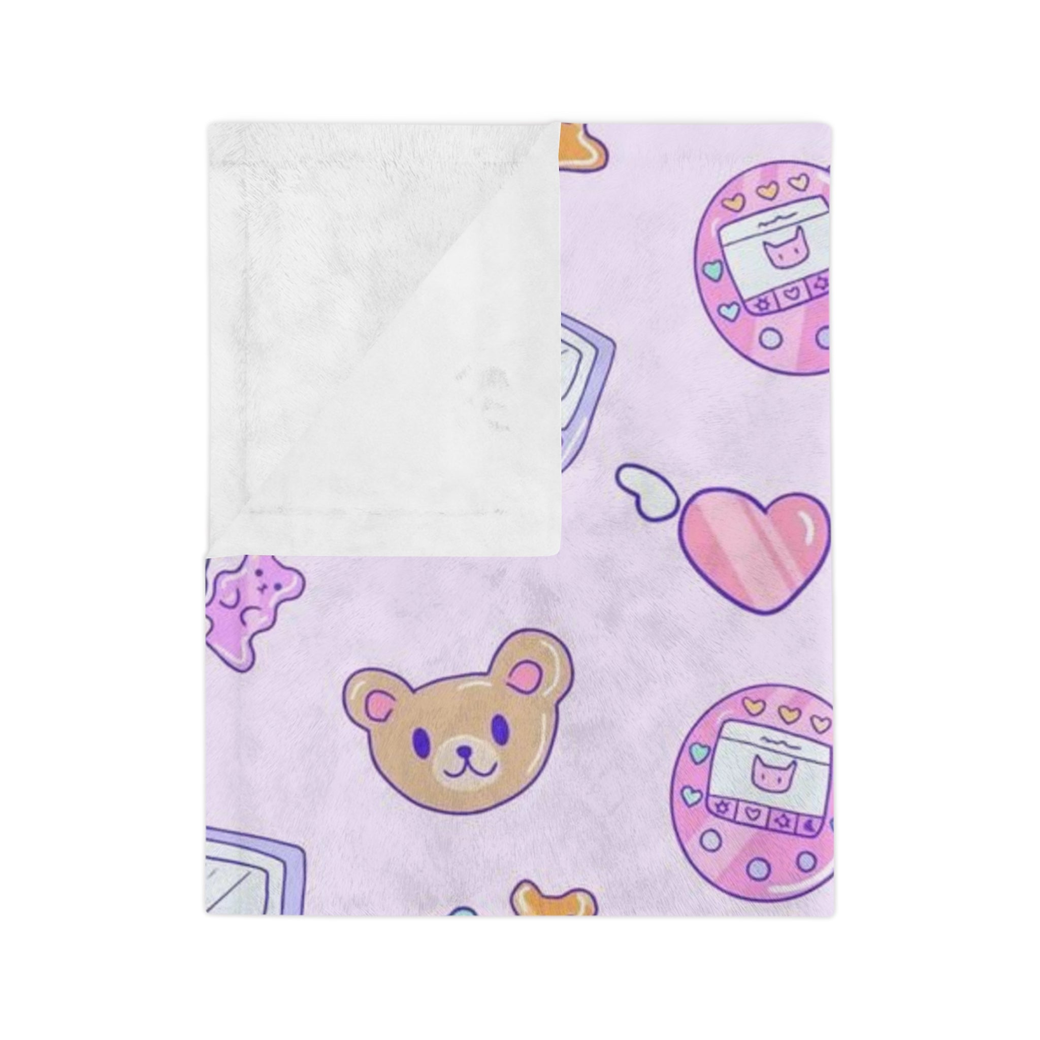 Kawaii Pastel Gamer Girl Tamagotchi & Bears Pattern Blanket | Velveteen Microfiber Throw