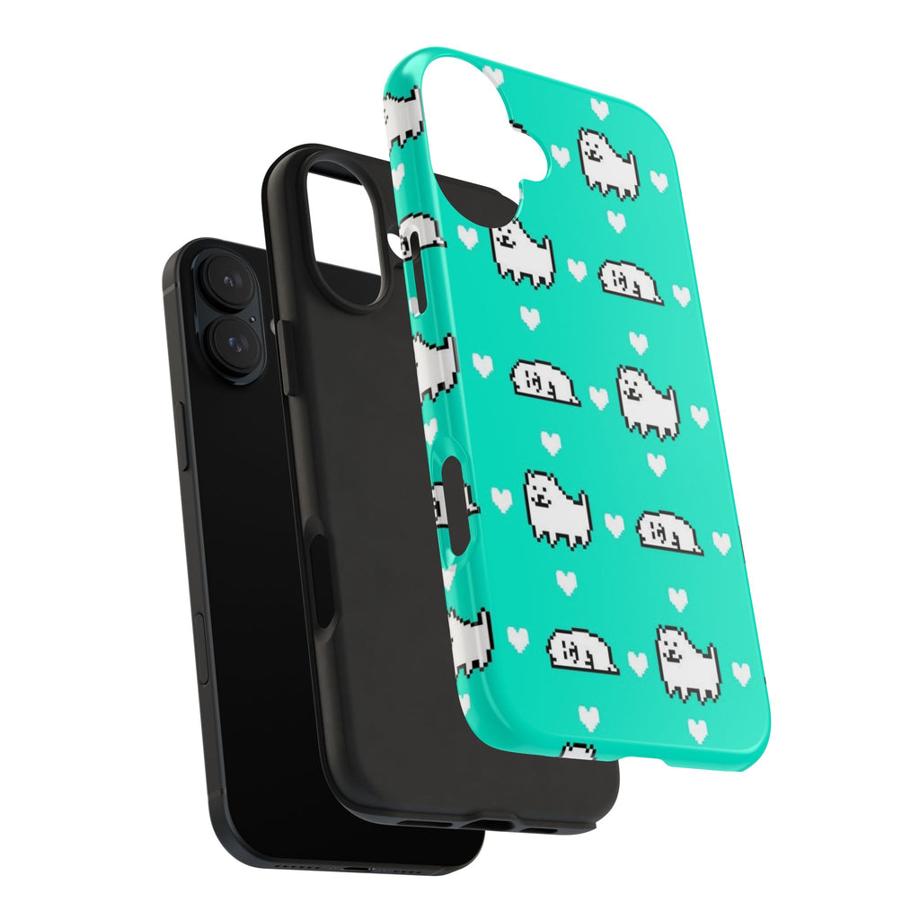 Undertale Cute Teal Kawaii Pixel Dog Pattern Phone Case | Cute Hearts Tough Phone Cases