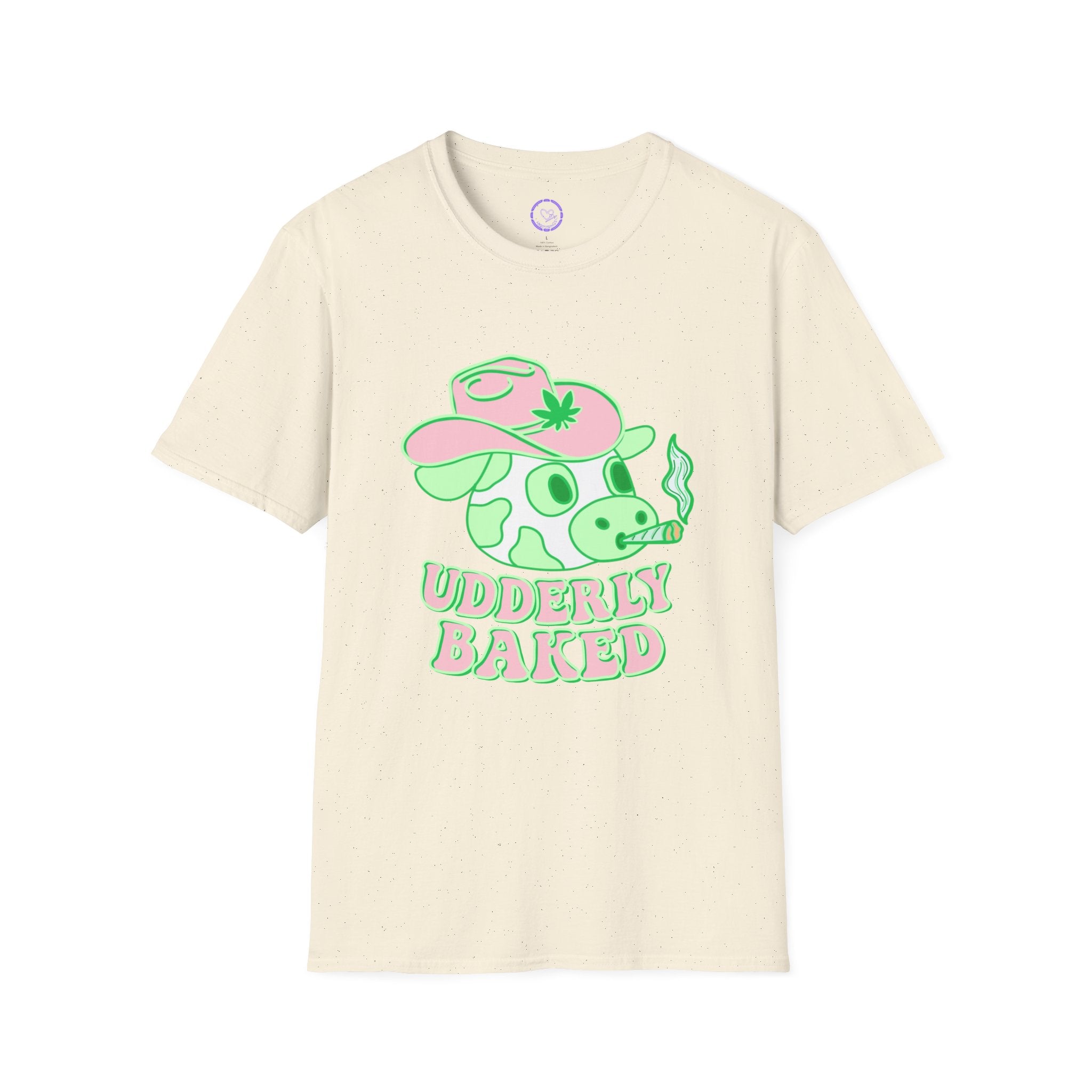 Udderly Baked Cow T-Shirt | Cow Smoking Graphic, Pastel Green Pink