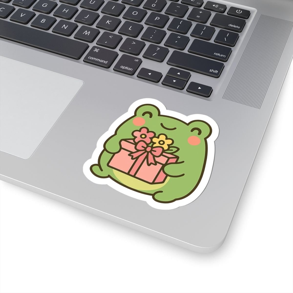 Cute Frog Holding Gift Sticker | Kiss-Cut Sticker, Pastel Kawaii Frog