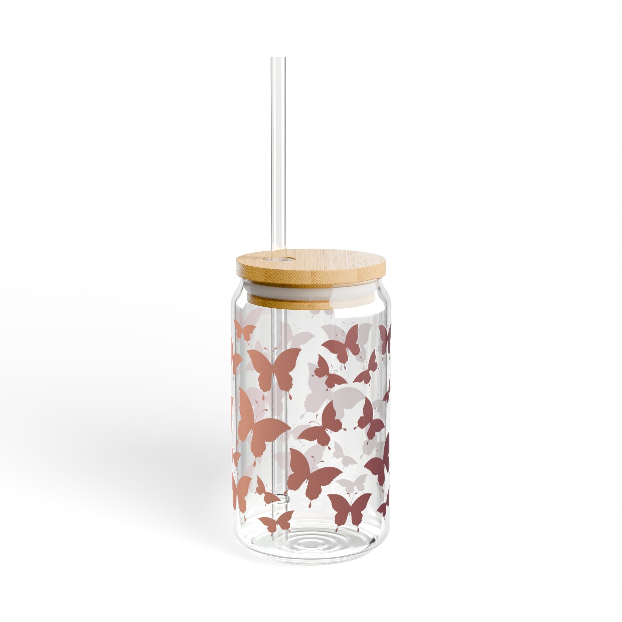 Pink Butterfly Pattern Sipper Glass | 16oz Clear Tumbler with Straw