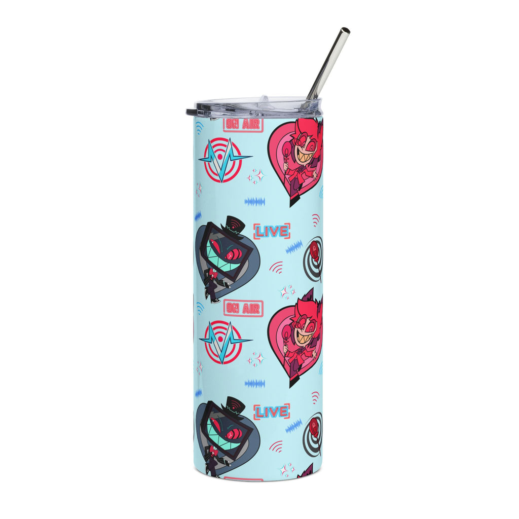 Hazbin Hotel VOX x Alastor Cartoon Heart Cat & Tech Emblem Stainless Steel Tumbler 20oz | Cute Pattern