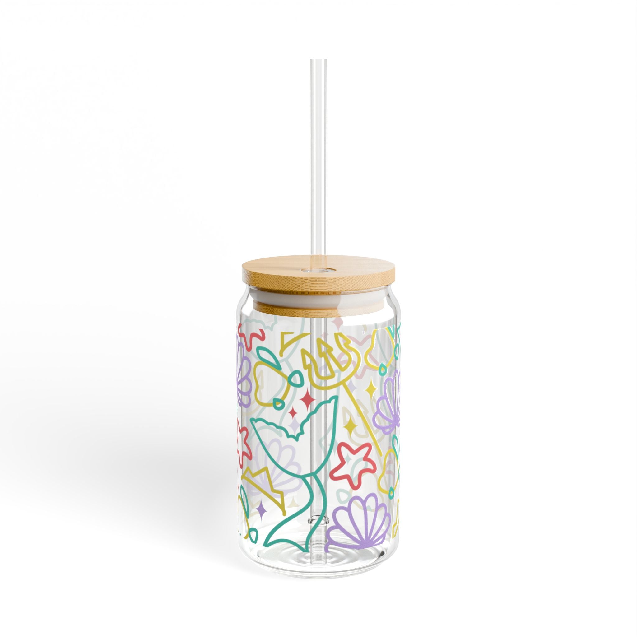 16oz Mermaid Floral Sipper Glass with Bamboo Lid & Straw — Cute Pastel Beach Vibes