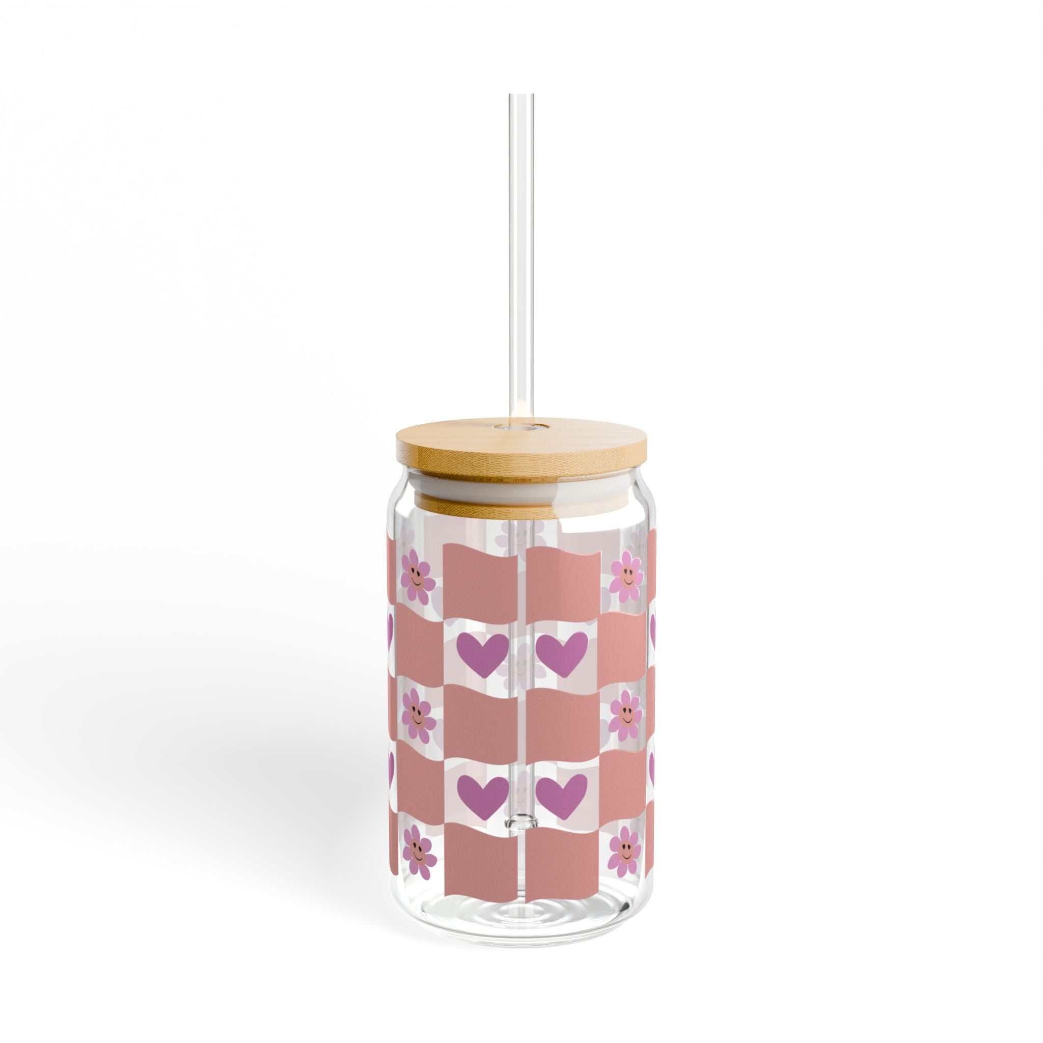 Pink Floral Checkerboard Sipper Glass