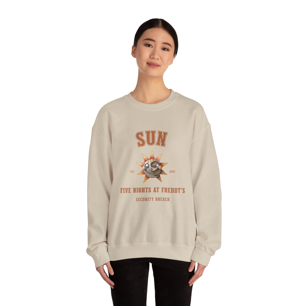 FNAF 5NAF Five Nights At Freddys Varsity Sun Security Breach Skull Graphic Crewneck Sweatshirt | Retro Horror Arcade