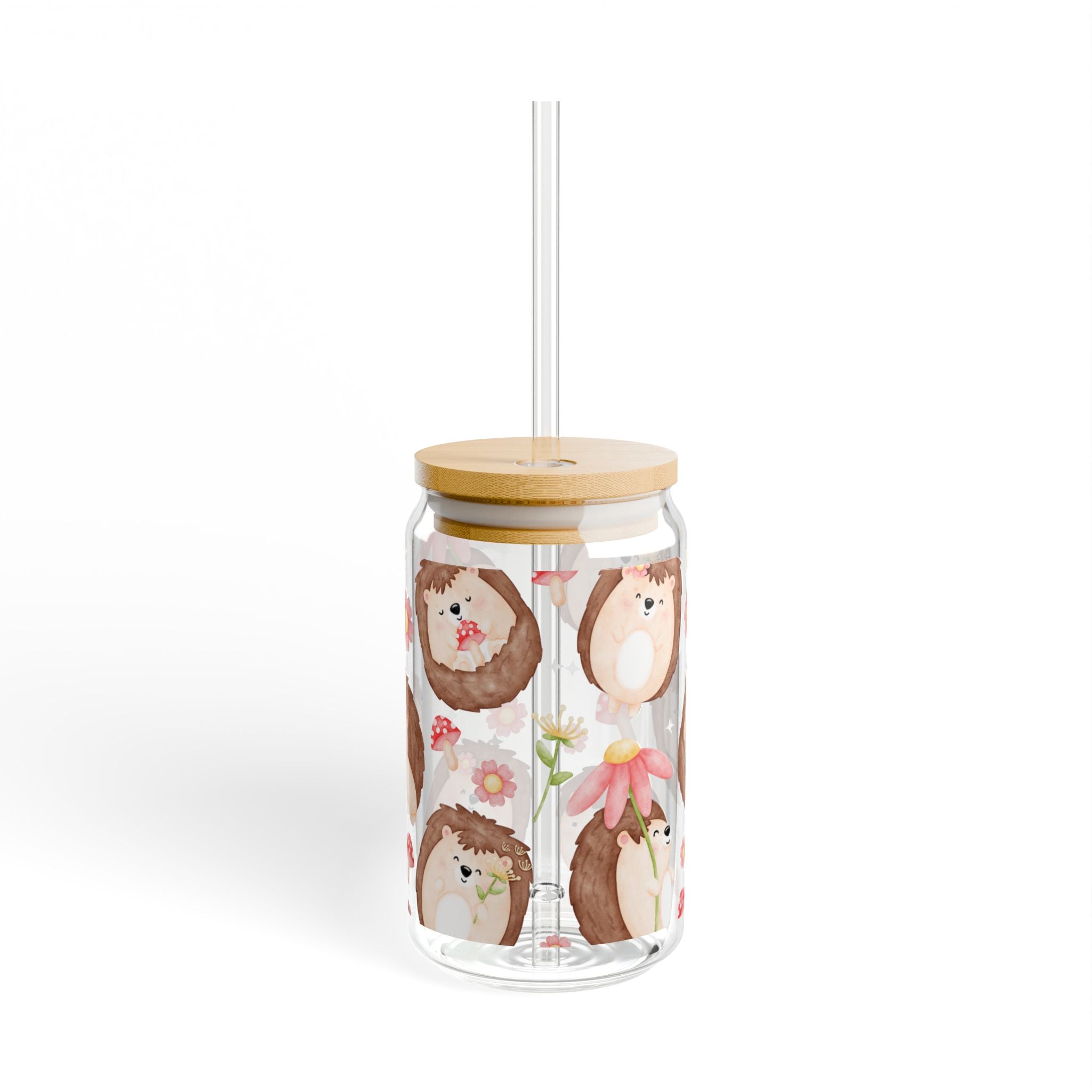 Watercolor Aesthetic Libbey Glass Hedgehog Pattern Sipper Glass | 16oz Straw Tumbler