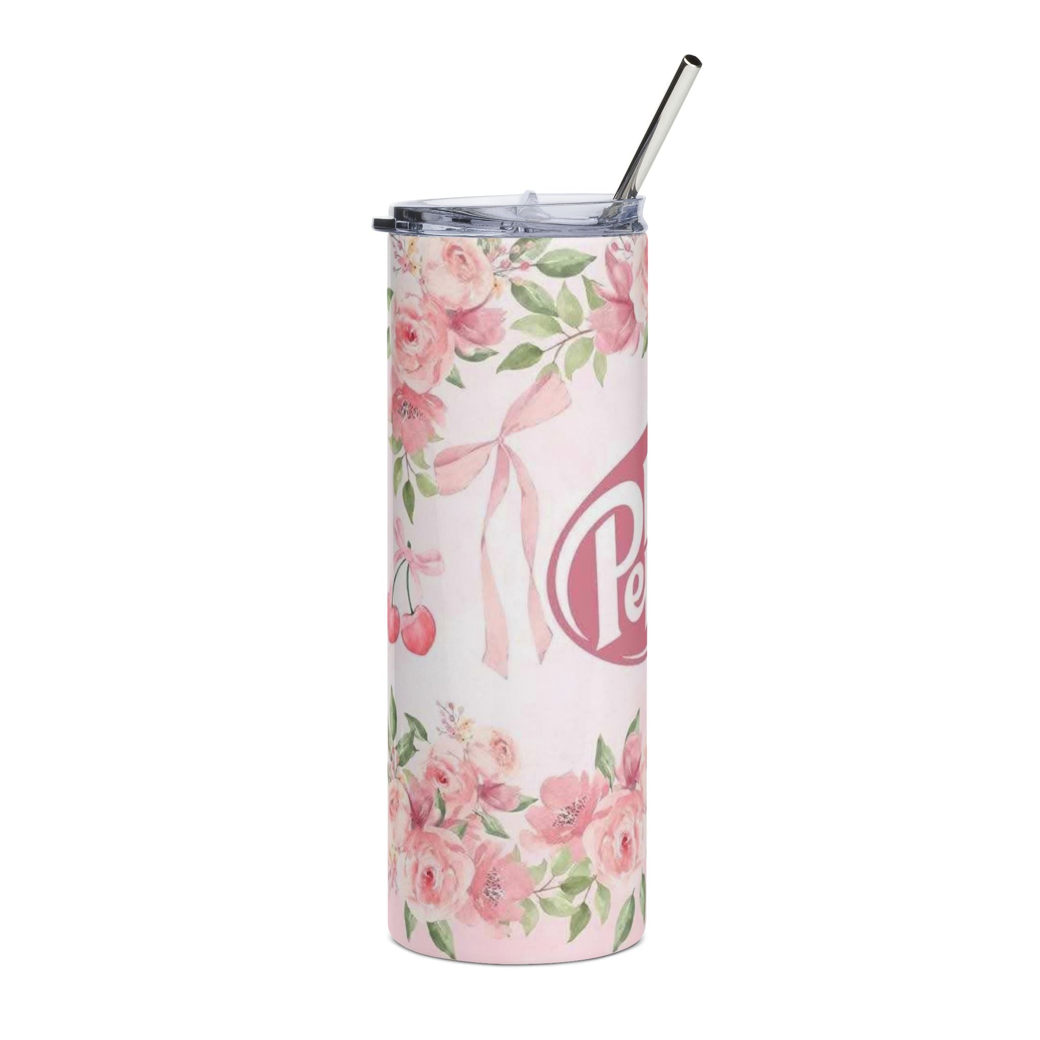 Coquette Pastel Pink Floral Dr Pepper Logo Tumbler | 20oz Stainless Steel