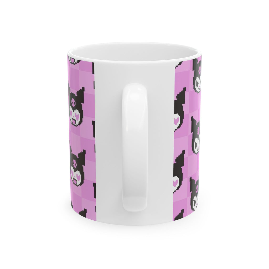 Kuromi Sanrio Pixel Kawaii Bat Pattern Mug | Pink Checker Ceramic Mug