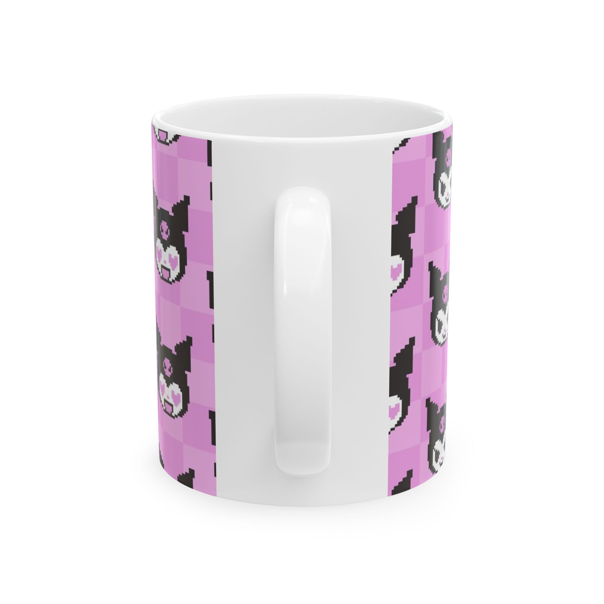 Kuromi Sanrio Pixel Kawaii Bat Pattern Mug | Pink Checker Ceramic Mug