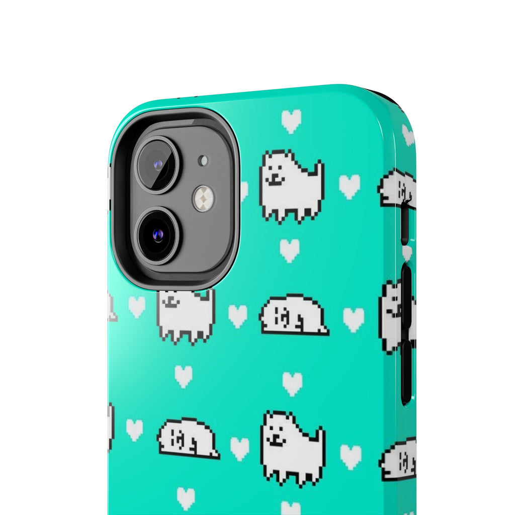 Undertale Cute Teal Kawaii Pixel Dog Pattern Phone Case | Cute Hearts Tough Phone Cases