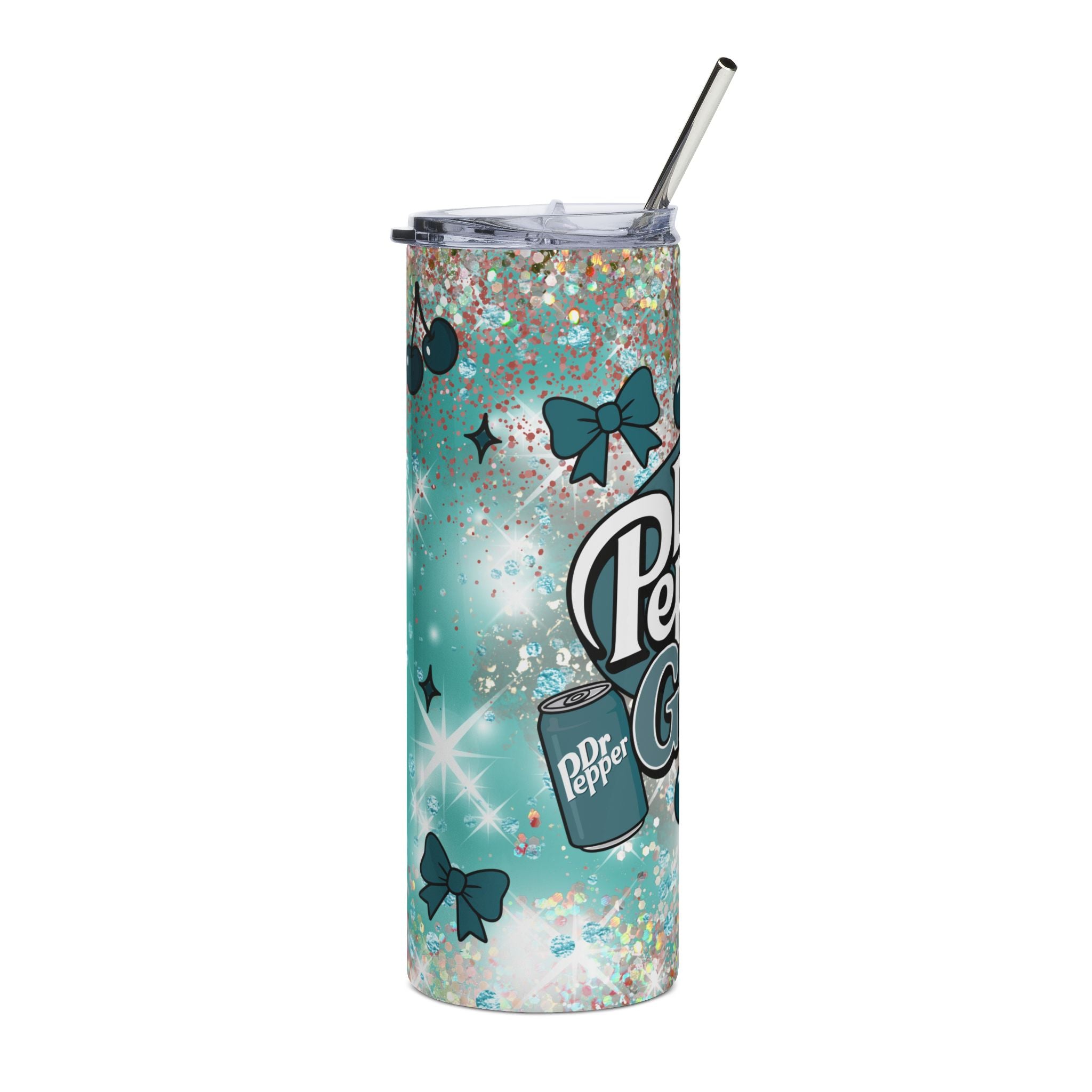 Teal Dr Pepper Girly Tumbler | 20oz Stainless Steel Glitter Cherry Design