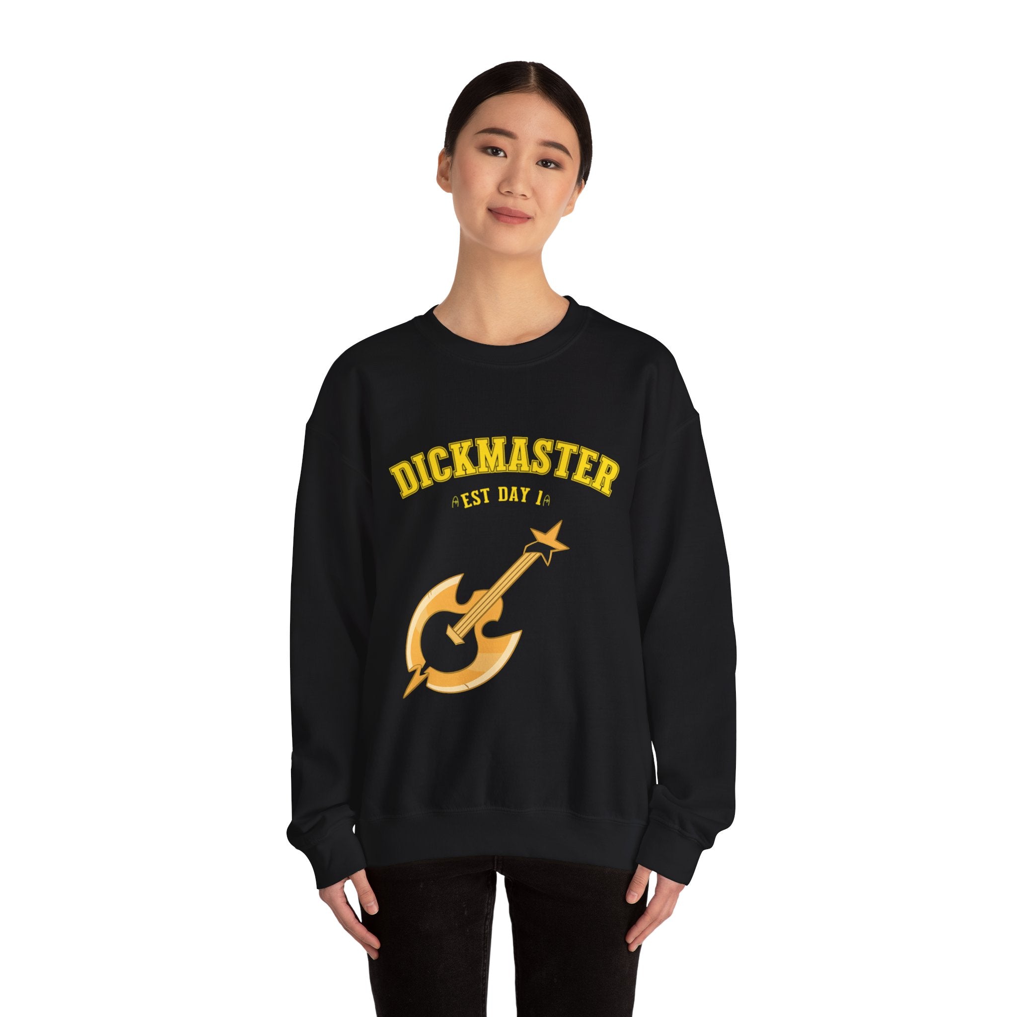 Hazbin Hotel Adam Dickmaster logo crewneck sweatshirt | Guitar axe emblem, varsity style