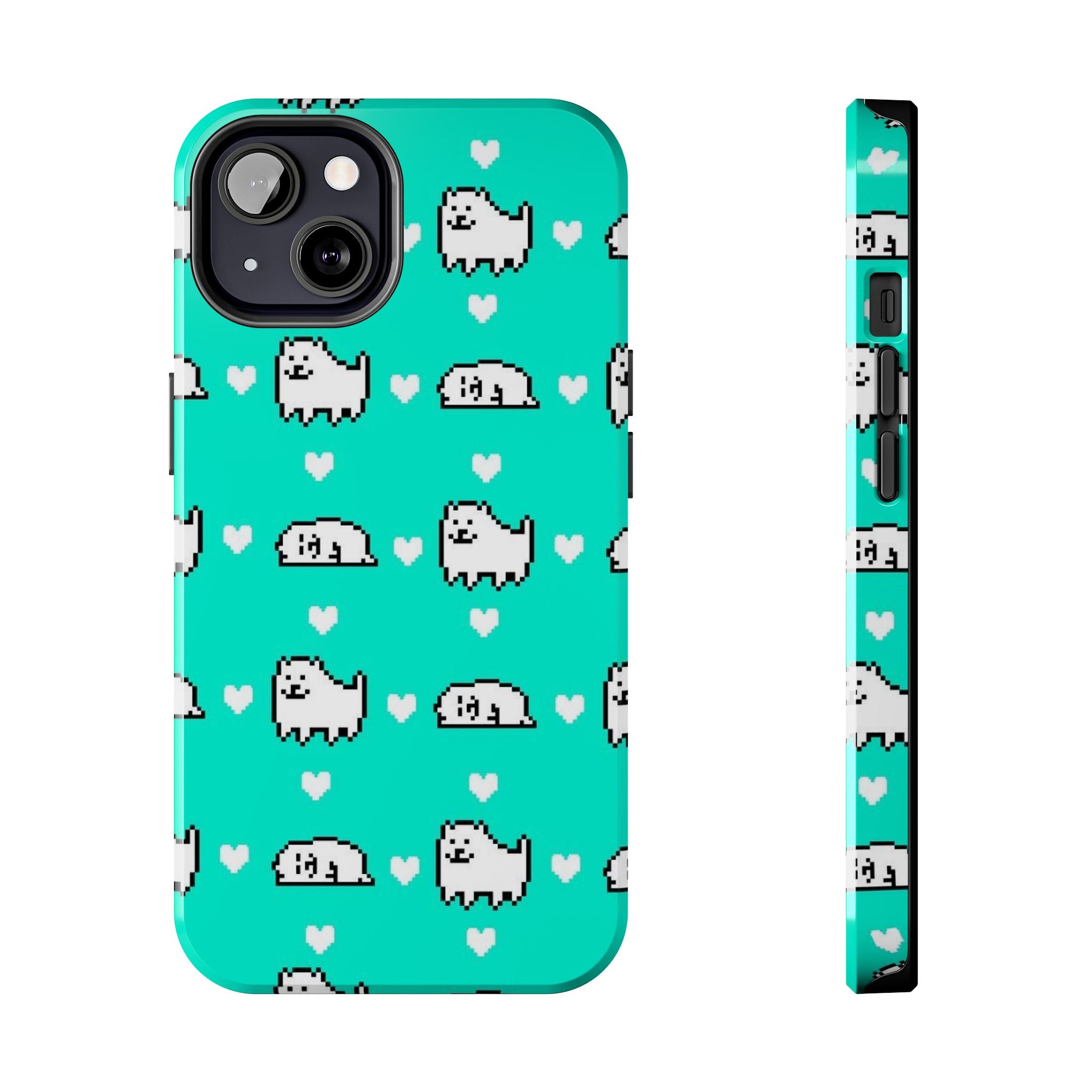 Undertale Cute Teal Kawaii Pixel Dog Pattern Phone Case | Cute Hearts Tough Phone Cases
