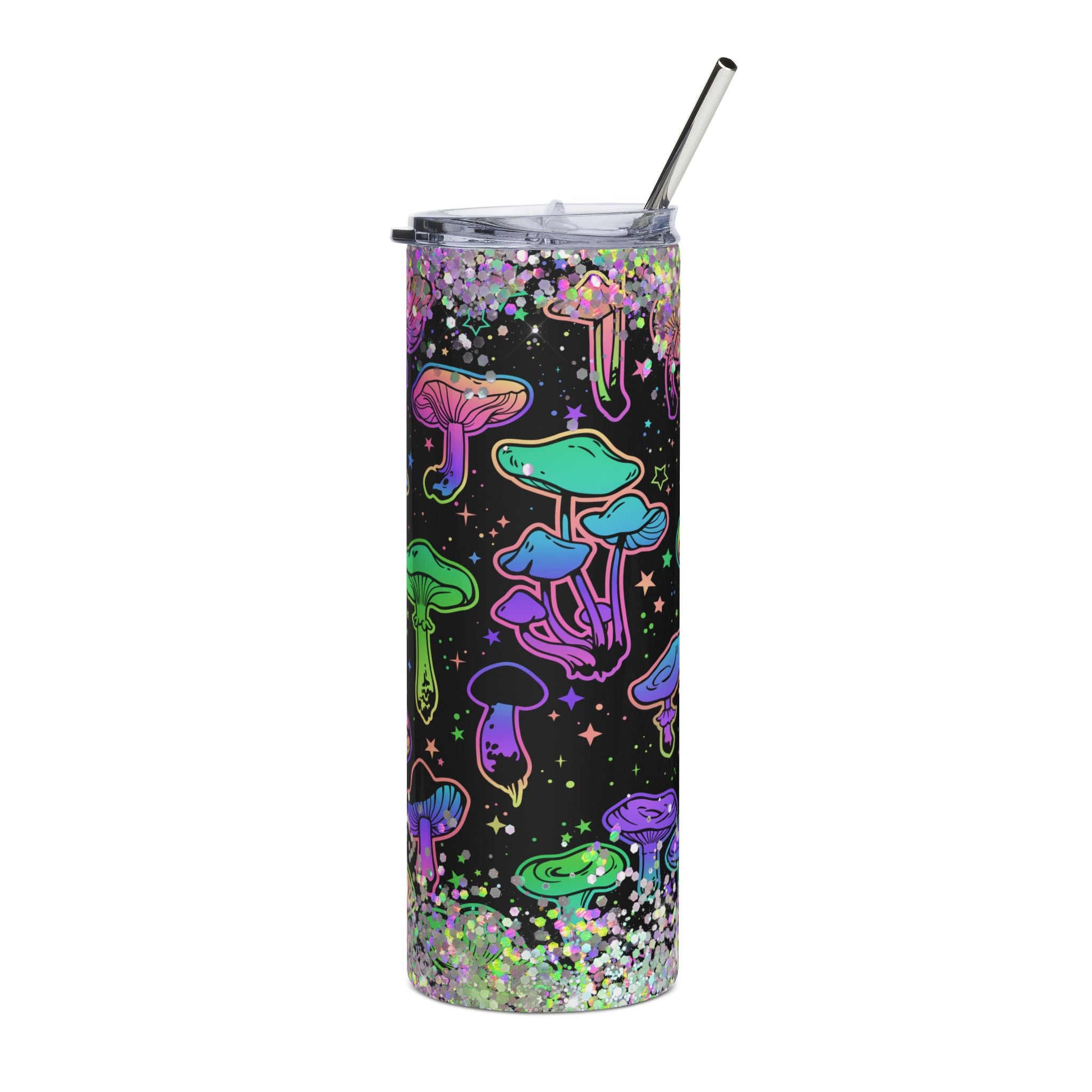 Neon Mushroom Glitter Psychedelic Aesthetic Gothic Pattern Stainless Steel Tumbler | 20oz