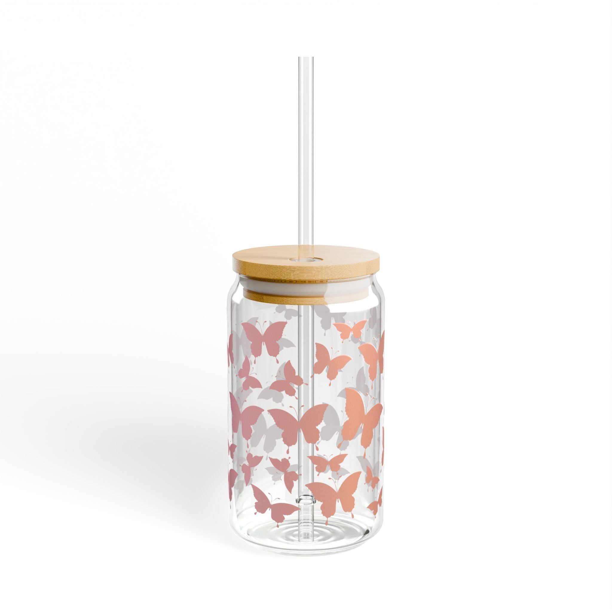 Pink Butterfly Pattern Sipper Glass | 16oz Clear Tumbler with Straw