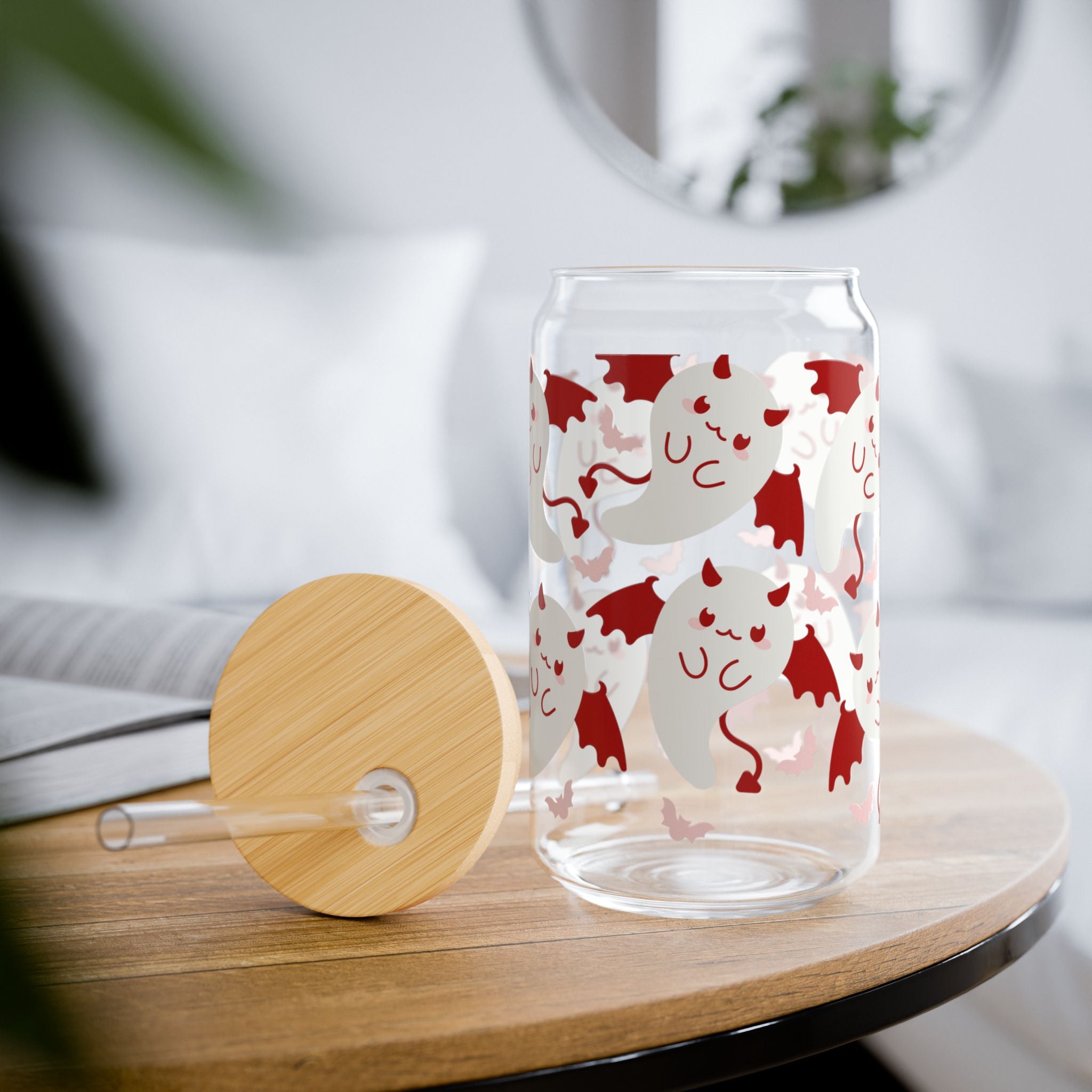 16oz Glass Sipper with Cute Ghosts in Santa Hats – Holiday Christmas Drink Tumbler