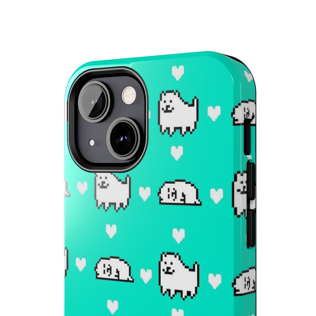 Undertale Cute Teal Kawaii Pixel Dog Pattern Phone Case | Cute Hearts Tough Phone Cases