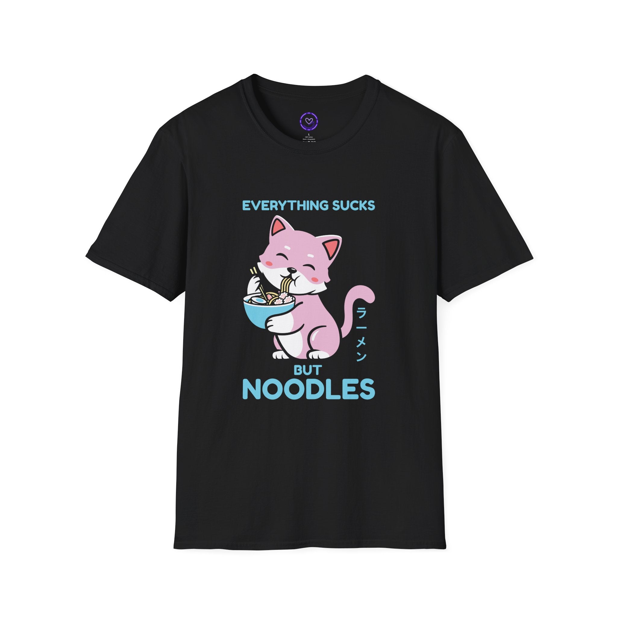 Everything Sucks but Noodles T-Shirt | Cute Pink Cat Ramen Graphic