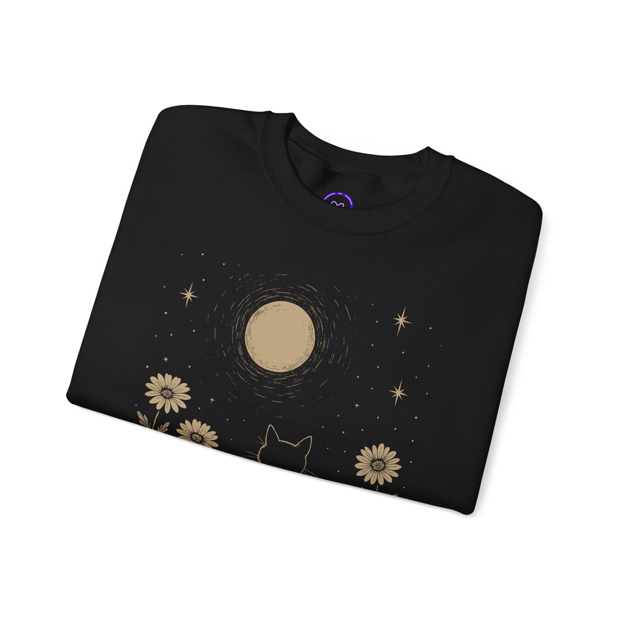 Minimalist Moonlit Black Cat Crewneck Sweatshirt | Cat Silhouette, Full Moon, Daisies