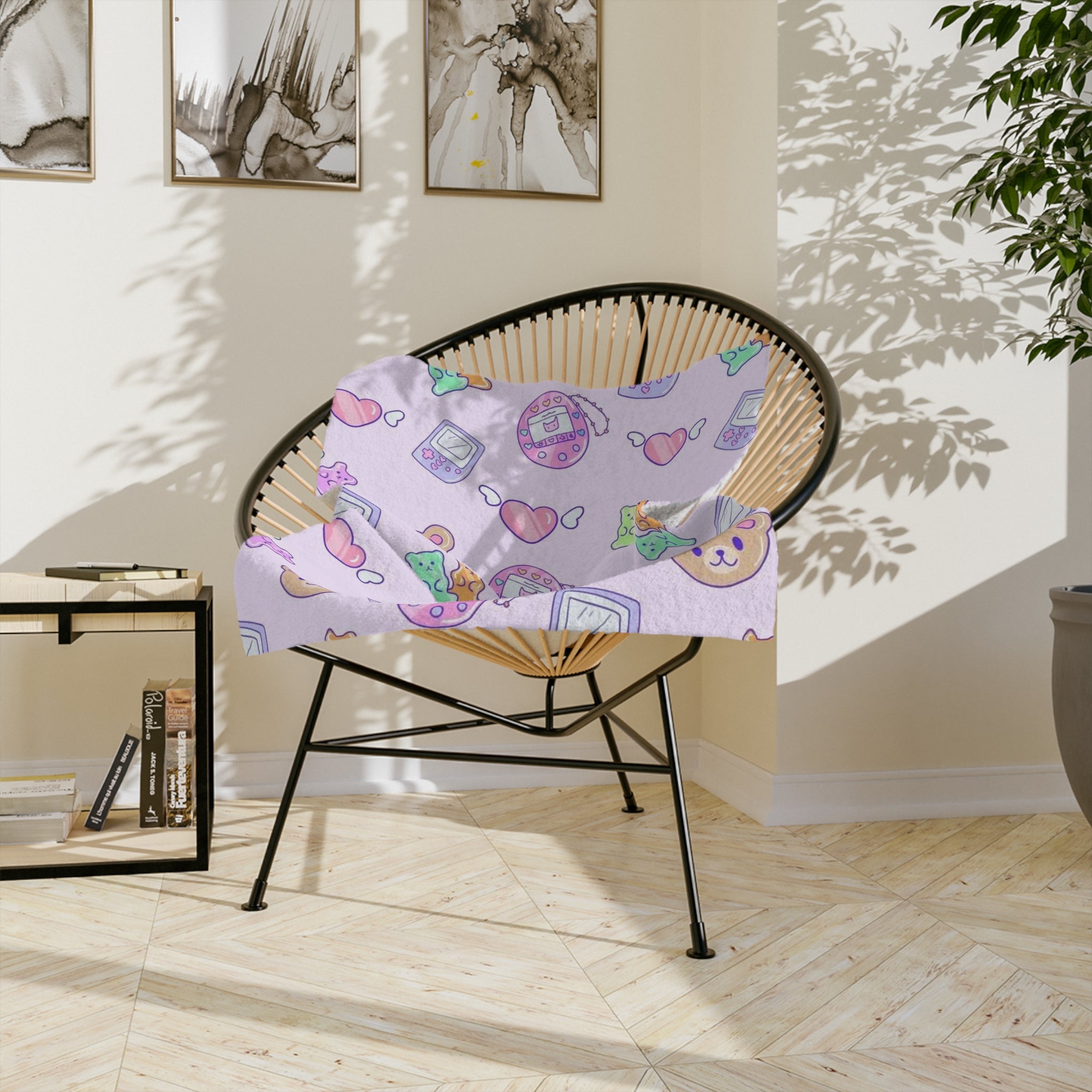 Kawaii Pastel Gamer Girl Tamagotchi & Bears Pattern Blanket | Velveteen Microfiber Throw