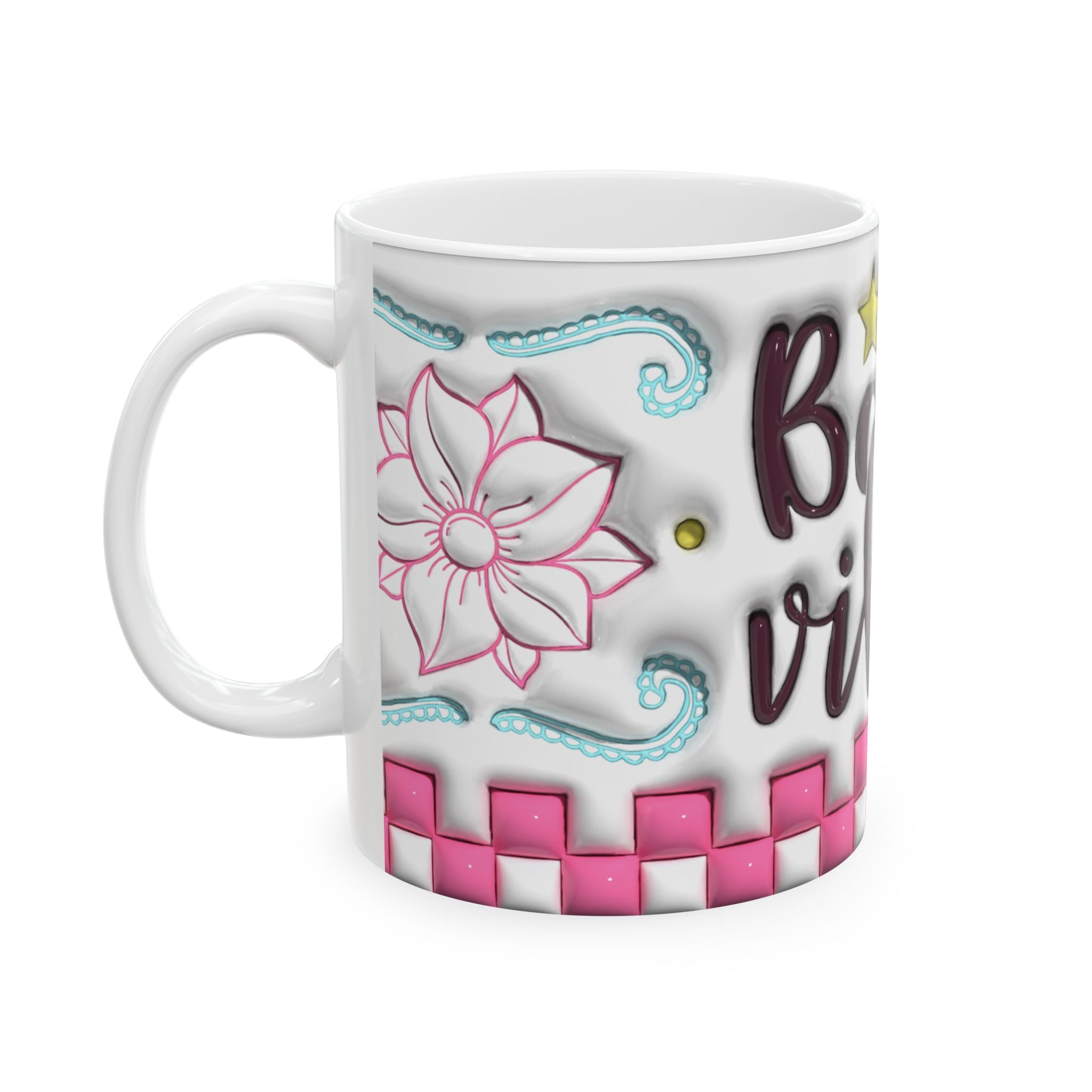 Boho Vibes Pink Blue 3D Inflated Ceramic Mug, (11oz, 15oz)
